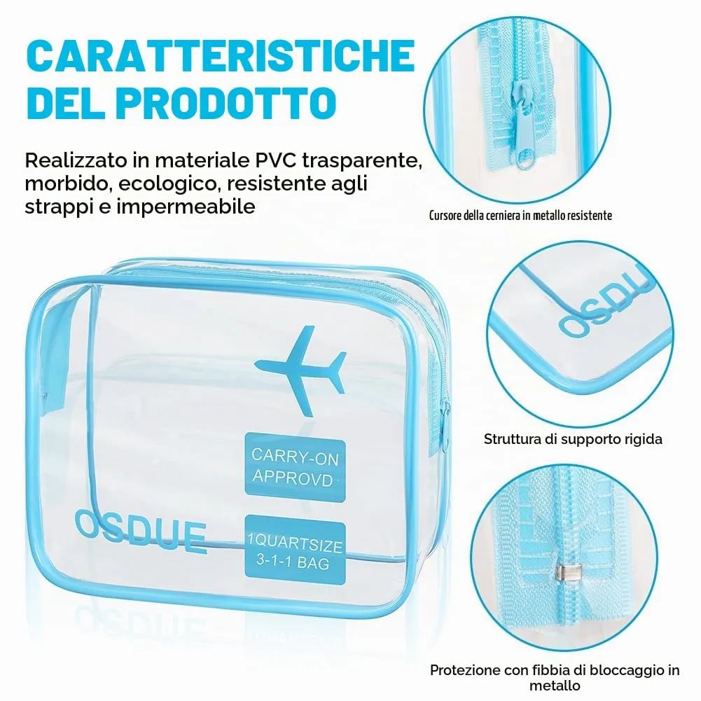 OSDUE Borse da Valigia Trasparenti per Liquidi, Beauty Case Impermeabili con Zip, 2 Pezzi (Blu) - immagine 3
