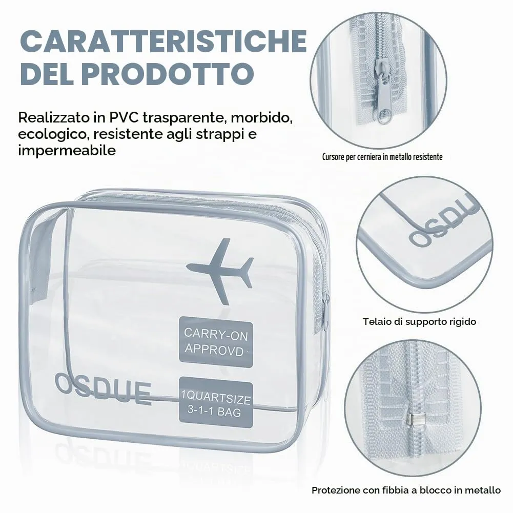 OSDUE Borse da Valigia Trasparenti Impermeabili per Cosmetici e Liquidi con Zip, 2 Pezzi, Grigio - immagine 3