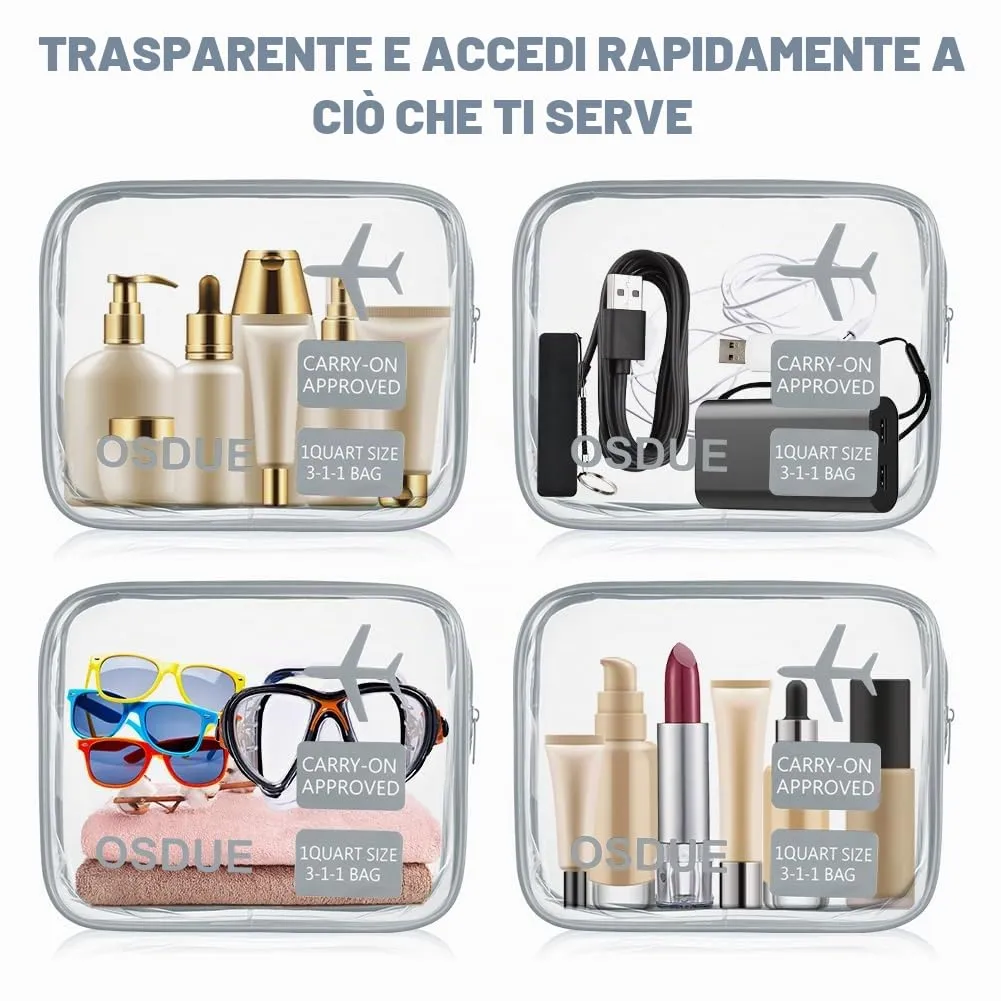 OSDUE Borse da Valigia Trasparenti Impermeabili per Cosmetici e Liquidi con Zip, 2 Pezzi, Grigio - immagine 5