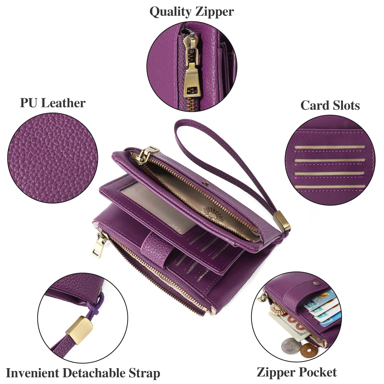 SENDEFN Portafoglio Medio Donna in Pelle con Blocco RFID, Portamonete con Slot per Carte e Tracolla Staccabile - immagine 3