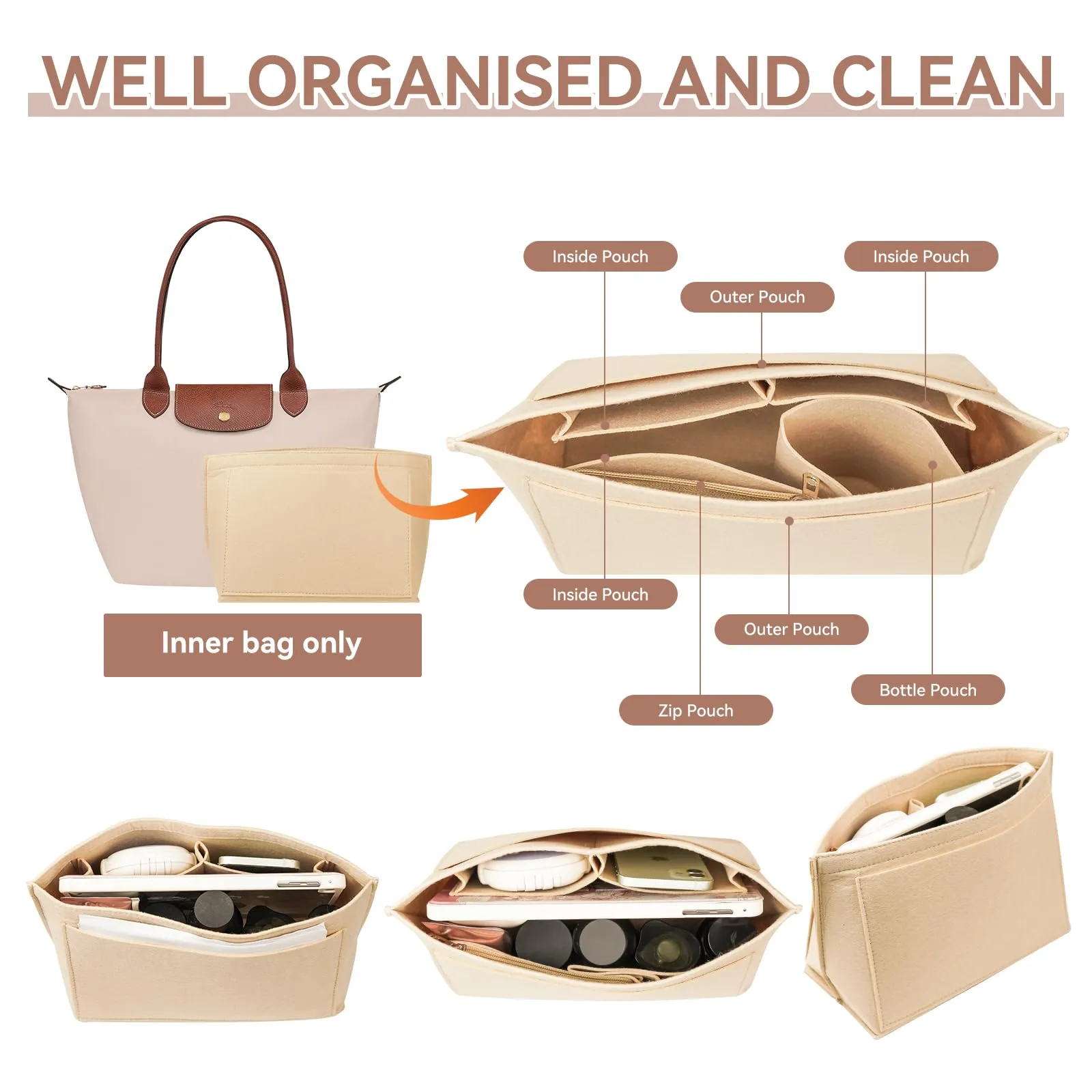 LUOJINYI Organizer Borsa in Feltro, Beige, L - immagine 4