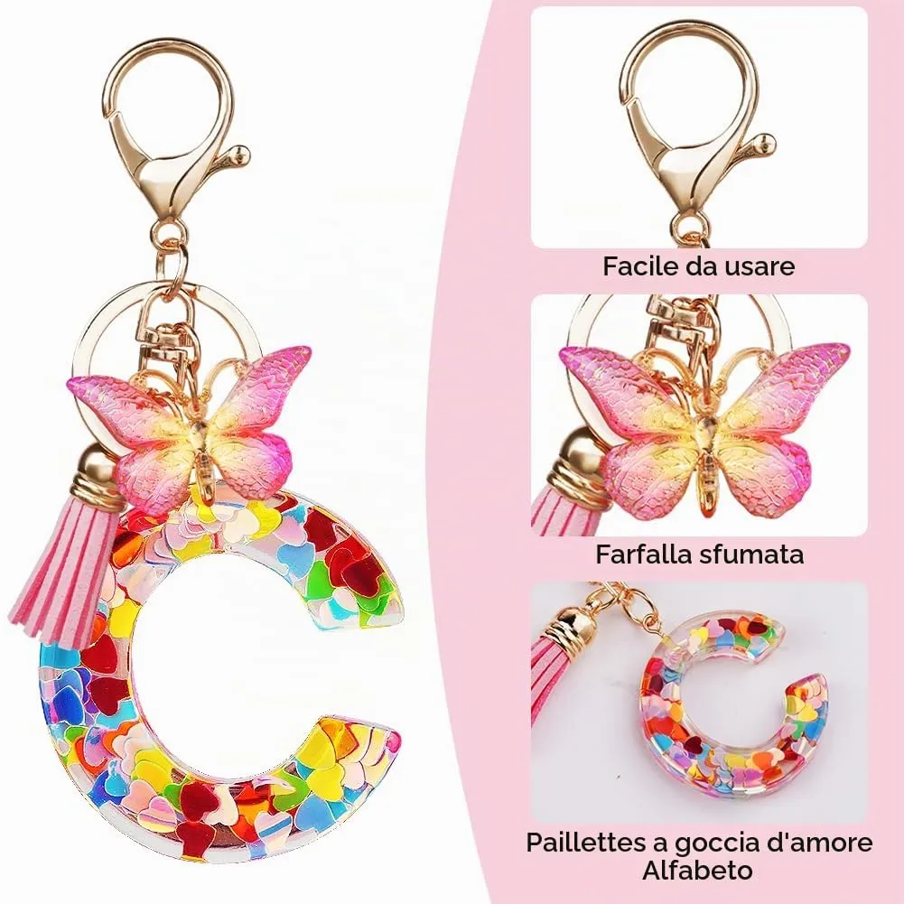 OSDUE Portachiavi Donna Lettera C con Farfalla e Nappa Rosa - immagine 4