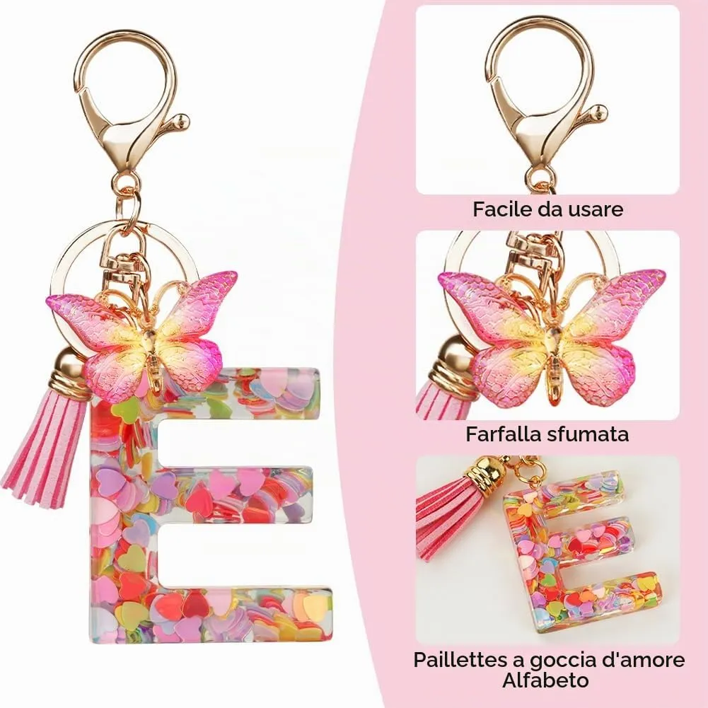 OSDUE Portachiavi Donna con Lettera E Farfalla e Nappa Rosa - immagine 4