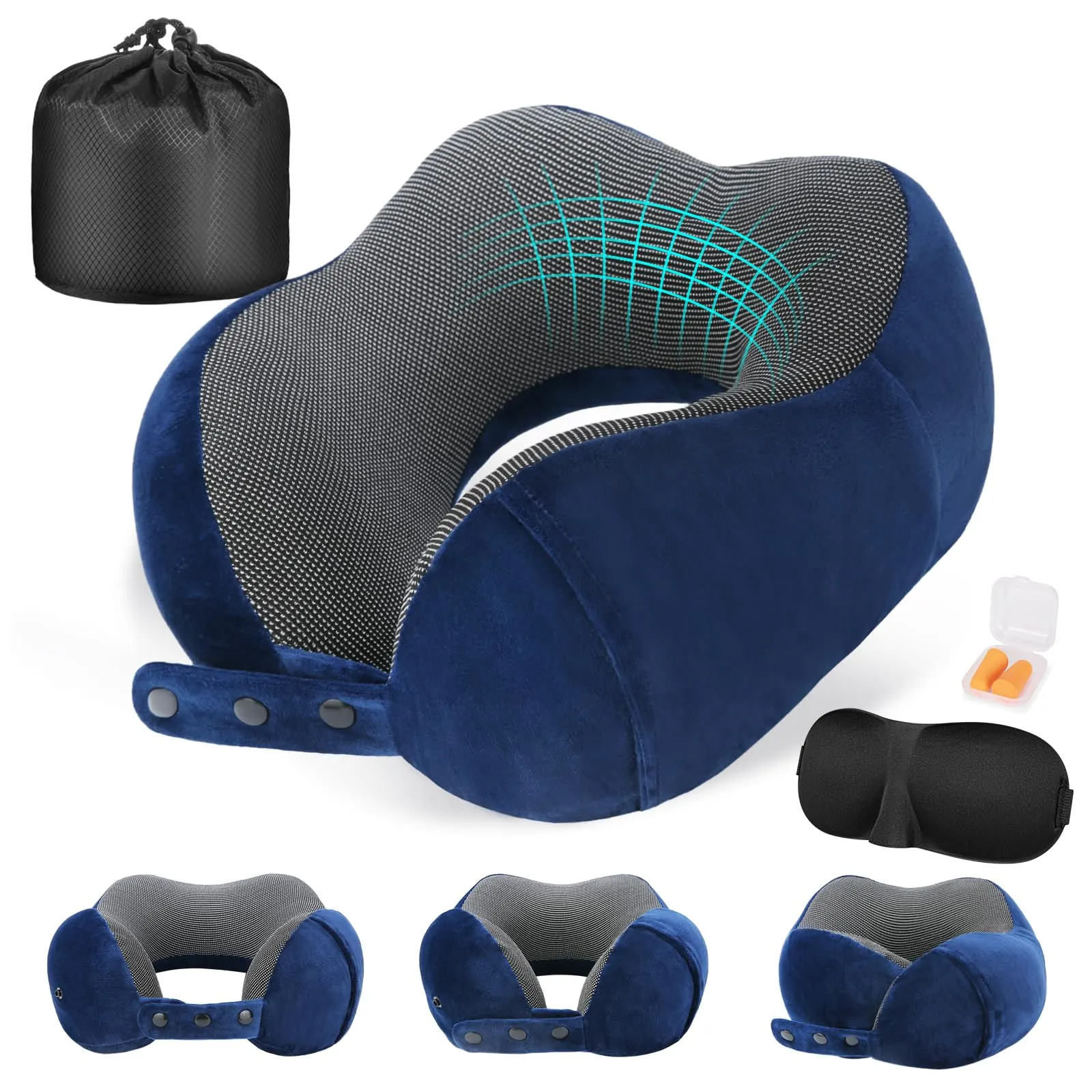 Cirorld Cuscino da Viaggio per Collo in Memory Foam Regolabile con Maschera per Dormire, Tappi Auricolari e Borsa per Trasporto - immagine 1