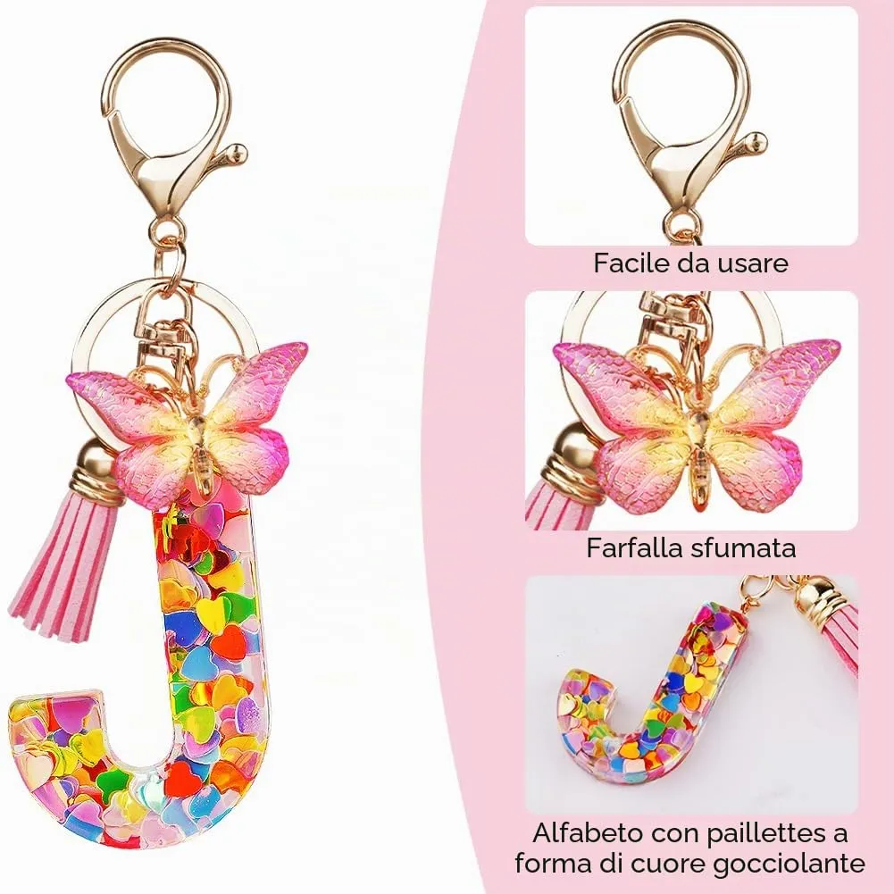 OSDUE Portachiavi Donna Lettera J con Farfalla e Nappa Rosa - immagine 4
