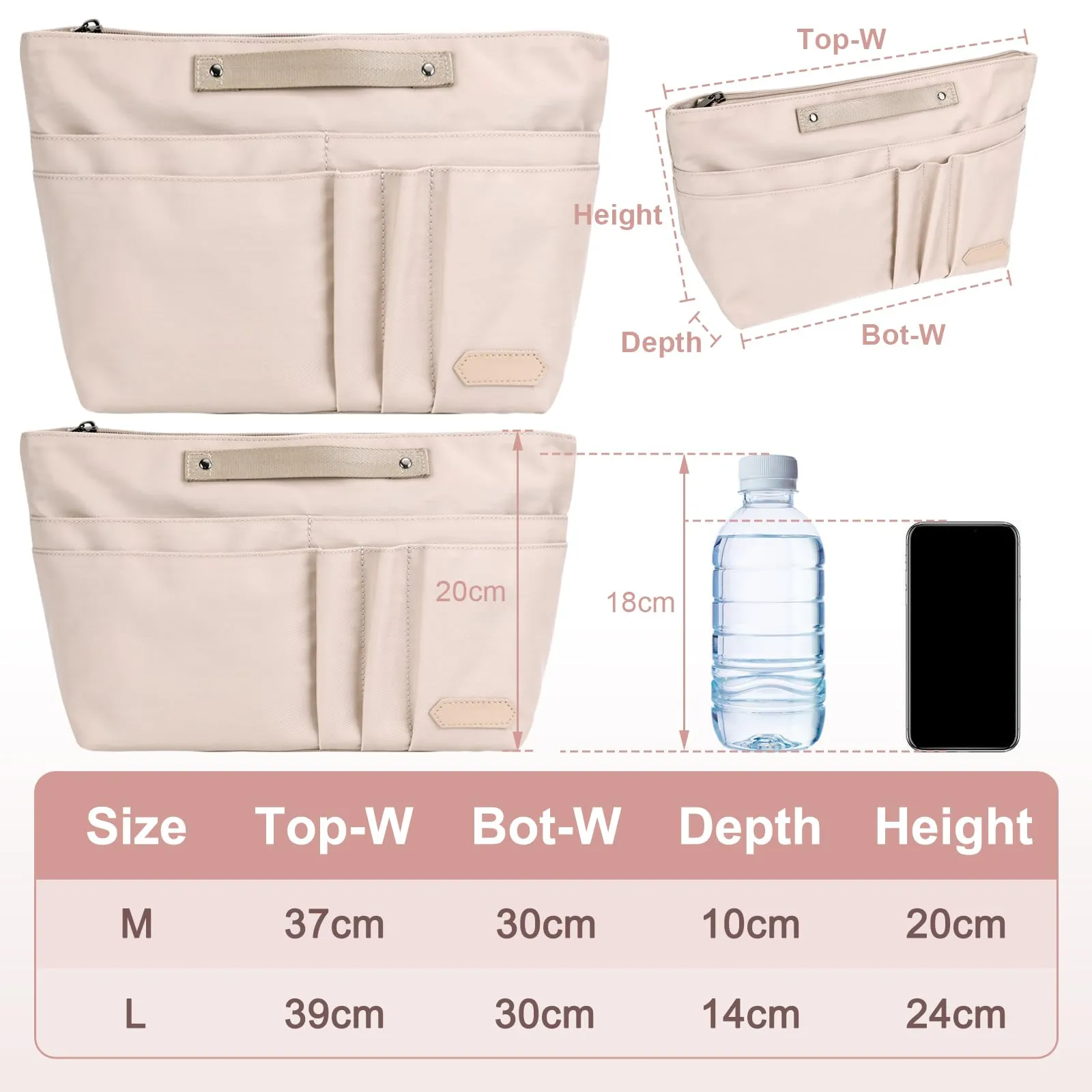 GADITIEK Organizer per Borse Tote in Poliestere con 15 Tasche e Zip, Compatibile con Longchamp Le Pliage M, Beige, M - immagine 2