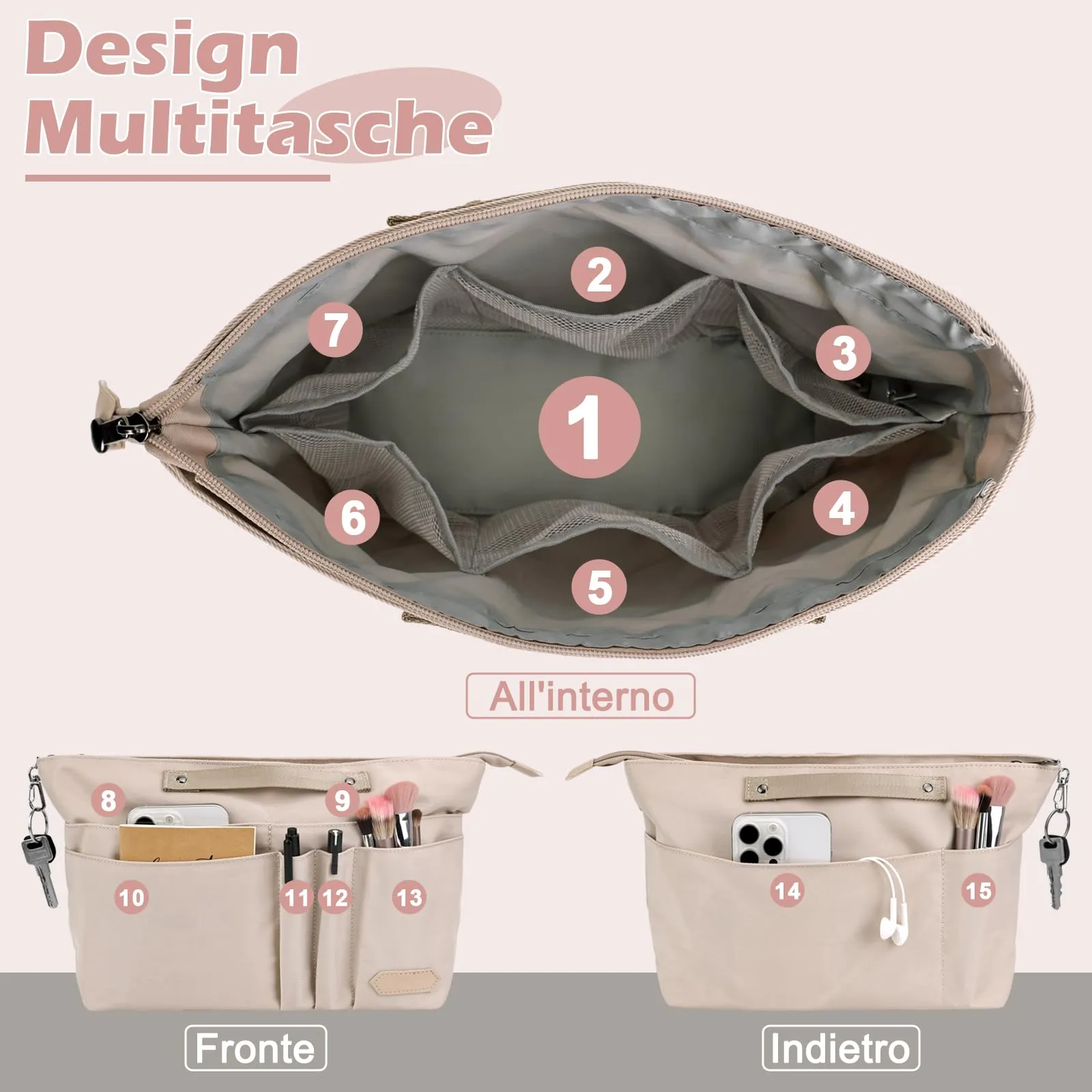 GADITIEK Organizer per Borse Tote in Poliestere con 15 Tasche e Zip, Compatibile con Longchamp Le Pliage M, Beige, M - immagine 3