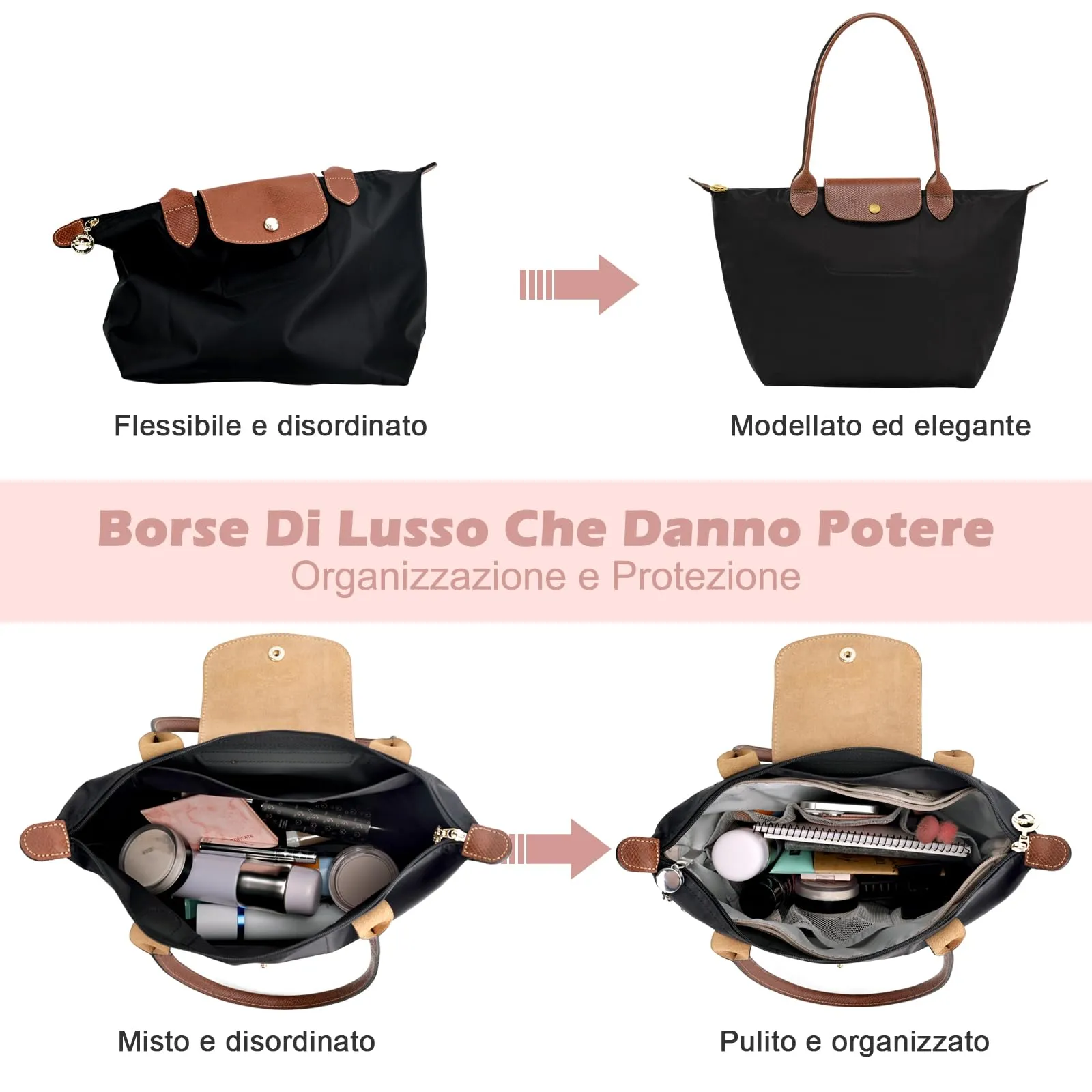 GADITIEK Organizer per Borse Tote in Poliestere con 15 Tasche e Zip, Compatibile con Longchamp Le Pliage M, Beige, M - immagine 4