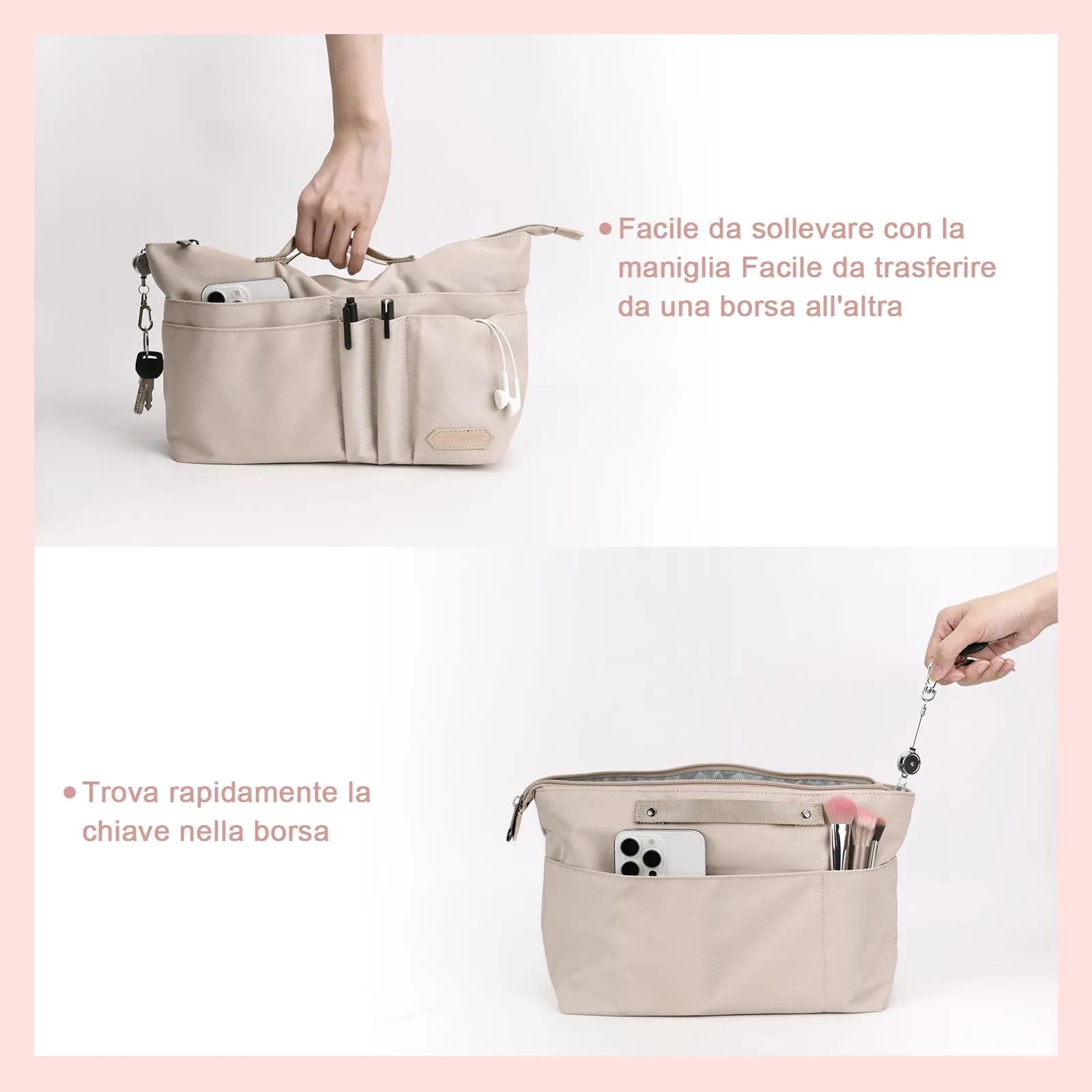 GADITIEK Organizer per Borse Tote in Poliestere con 15 Tasche e Zip, Compatibile con Longchamp Le Pliage M, Beige, M - immagine 5