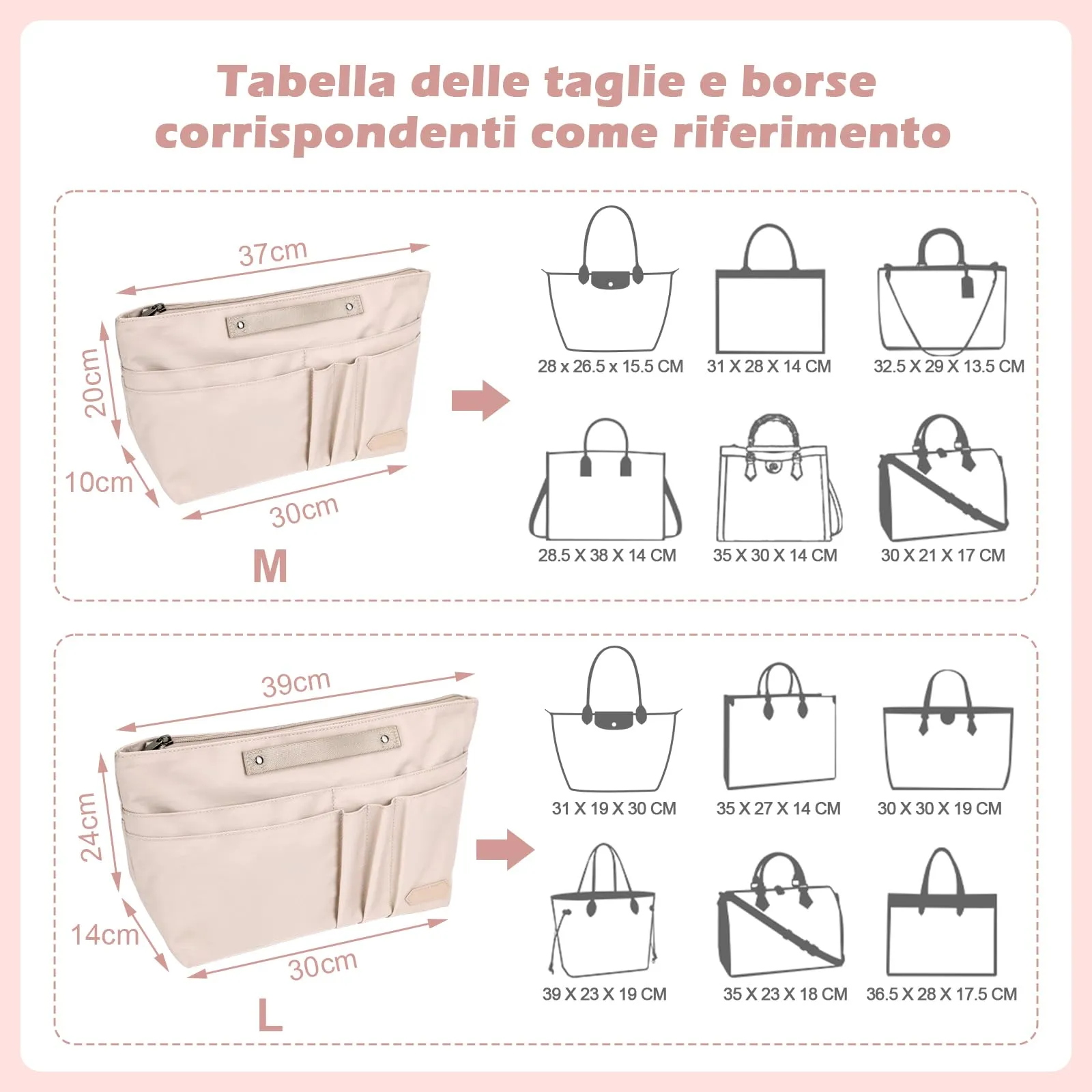 GADITIEK Organizer per Borse Tote in Poliestere con 15 Tasche e Zip, Compatibile con Longchamp Le Pliage M, Beige, M - immagine 6