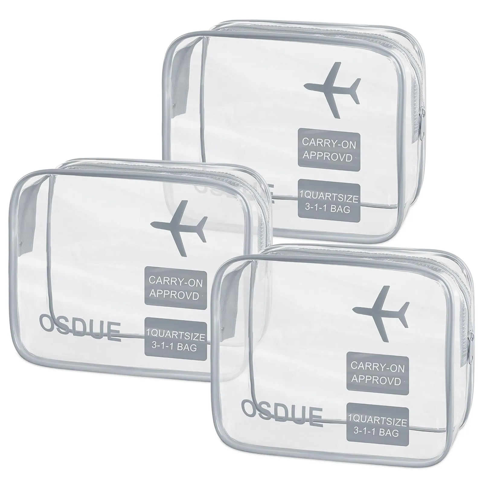 OSDUE Kit Viaggio Liquidi, 3 Pezzi Borse Trasparenti Impermeabili Conformi TSA per Cosmetici e Beauty Case, Grigio - immagine 1