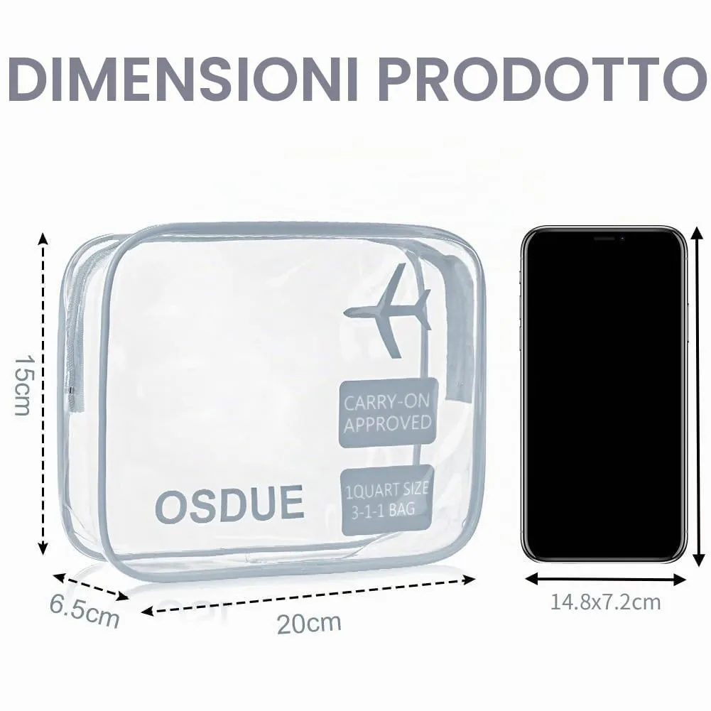 OSDUE Kit Viaggio Liquidi, 3 Pezzi Borse Trasparenti Impermeabili Conformi TSA per Cosmetici e Beauty Case, Grigio - immagine 2
