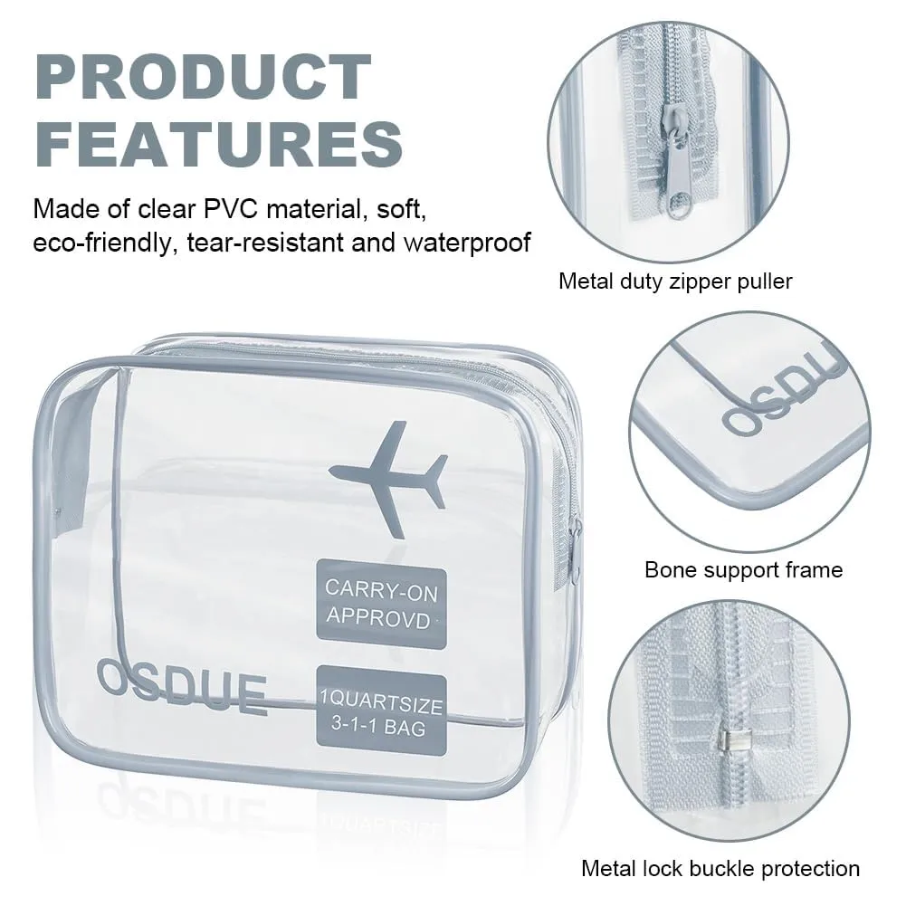 OSDUE Kit Viaggio Liquidi, 3 Pezzi Borse Trasparenti Impermeabili Conformi TSA per Cosmetici e Beauty Case, Grigio - immagine 3