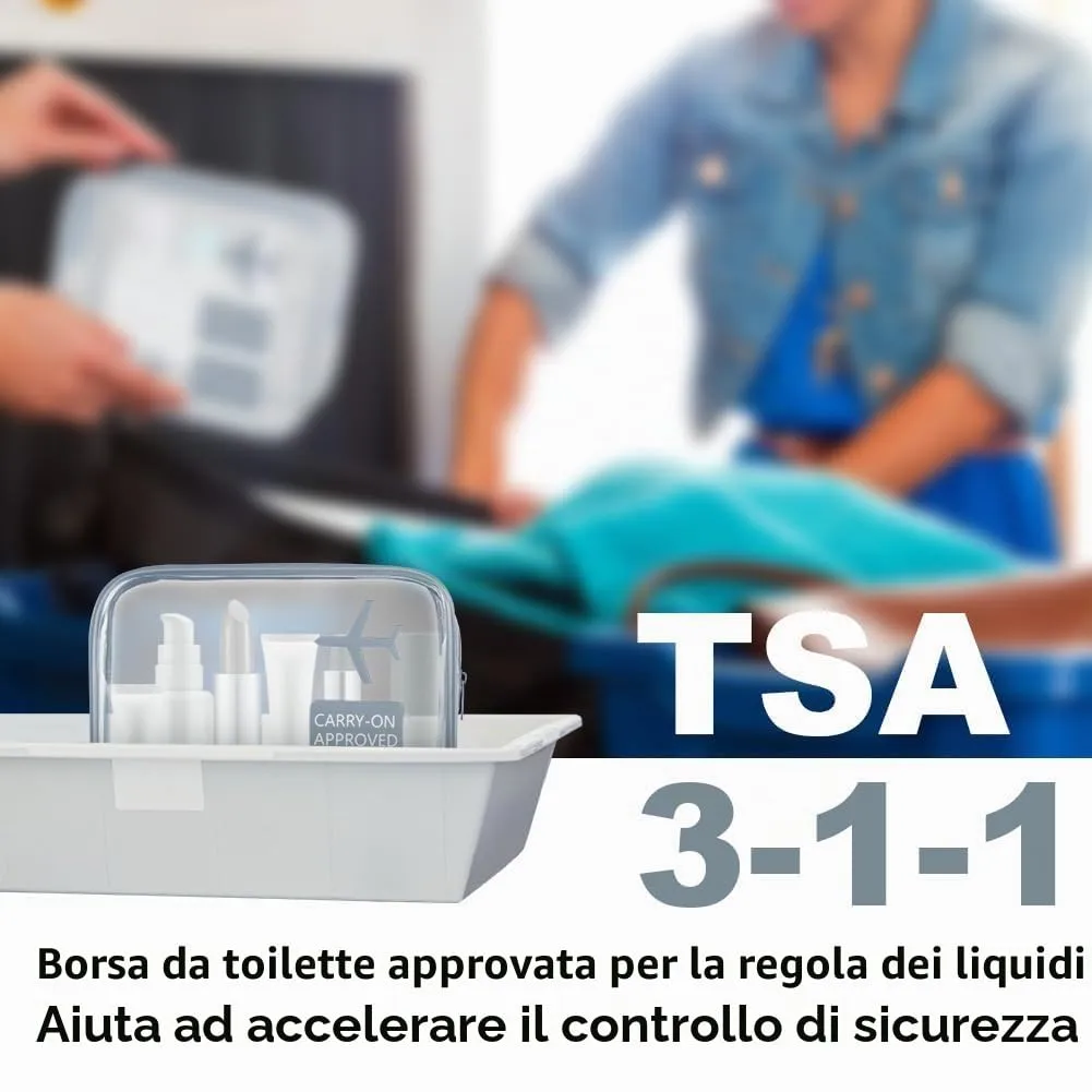 OSDUE Kit Viaggio Liquidi, 3 Pezzi Borse Trasparenti Impermeabili Conformi TSA per Cosmetici e Beauty Case, Grigio - immagine 4