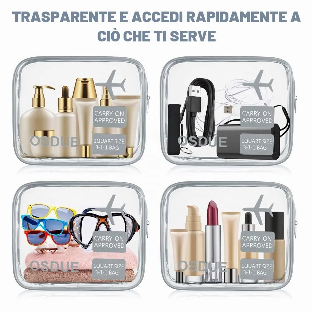 OSDUE Kit Viaggio Liquidi, 3 Pezzi Borse Trasparenti Impermeabili Conformi TSA per Cosmetici e Beauty Case, Grigio - immagine 5
