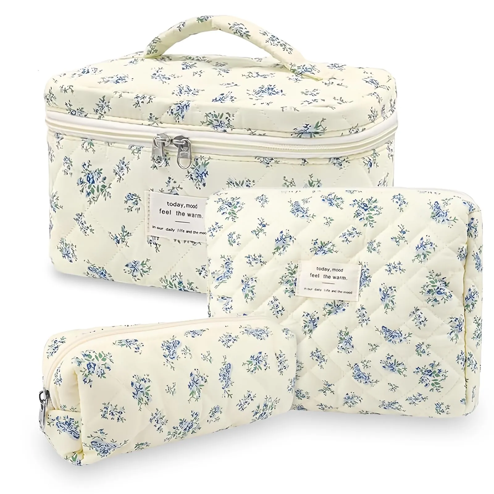 Aucuu Beauty Case, 3 Pezzi Floreale Trapuntato in Cotone, Borsa da Toilette e Organizer per Trucco da Viaggio - immagine 1
