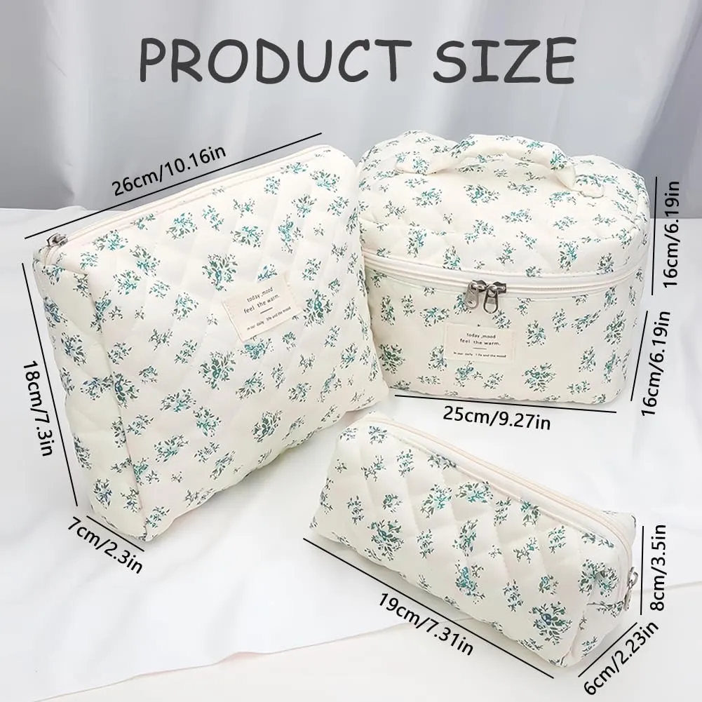 Aucuu Beauty Case, 3 Pezzi Floreale Trapuntato in Cotone, Borsa da Toilette e Organizer per Trucco da Viaggio - immagine 2
