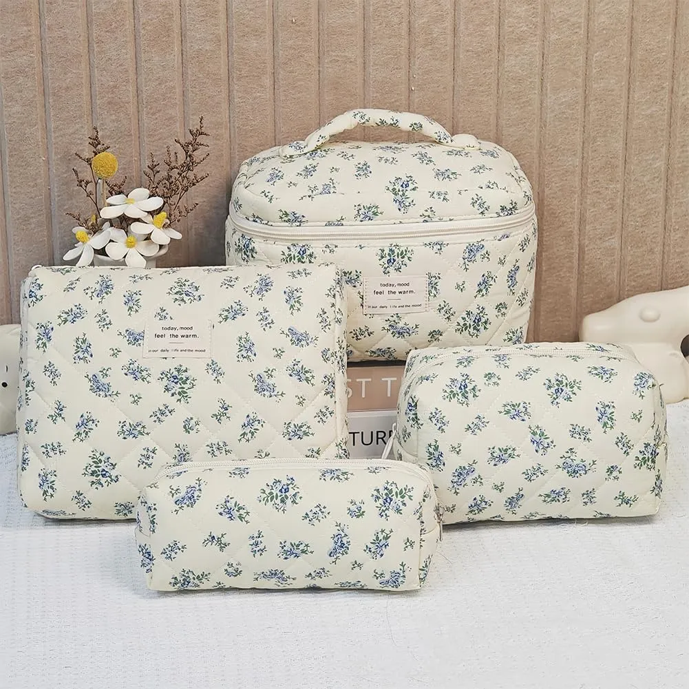 Aucuu Beauty Case, 3 Pezzi Floreale Trapuntato in Cotone, Borsa da Toilette e Organizer per Trucco da Viaggio - immagine 5