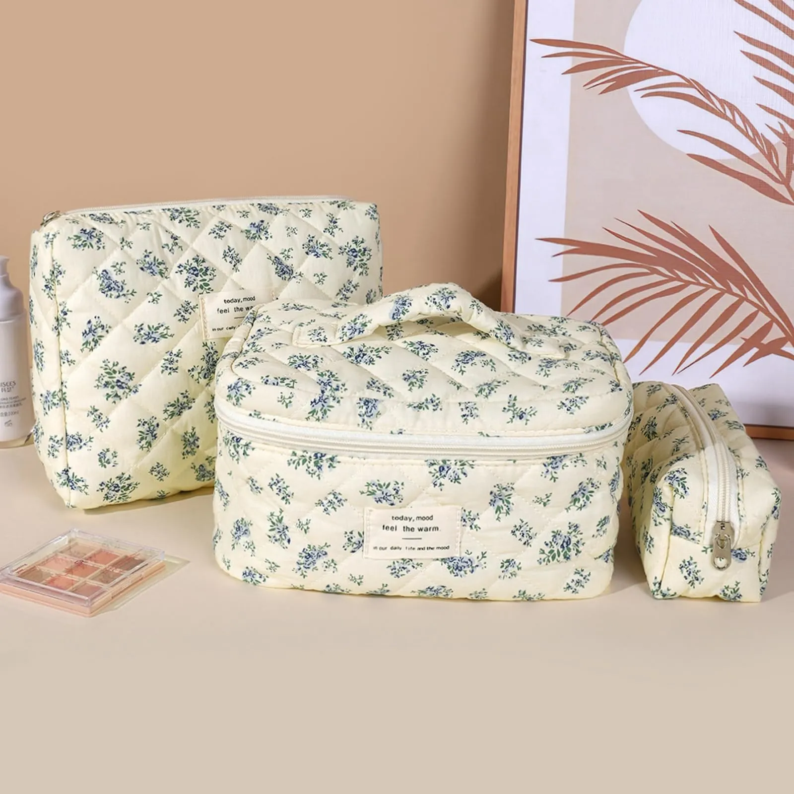 Aucuu Beauty Case, 3 Pezzi Floreale Trapuntato in Cotone, Borsa da Toilette e Organizer per Trucco da Viaggio - immagine 6