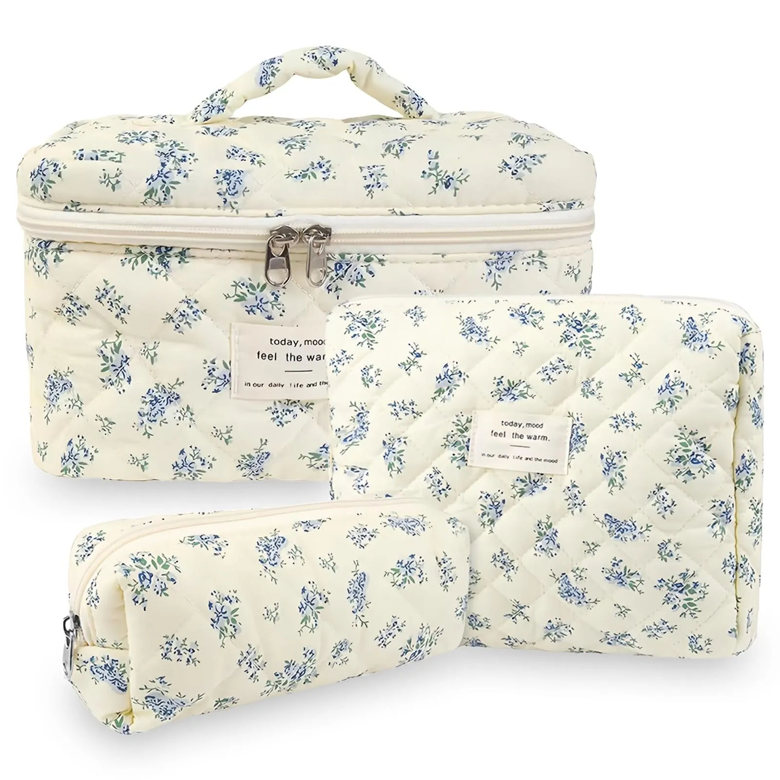 Aucuu Beauty Case, 3 Pezzi Floreale Trapuntato in Cotone, Borsa da Toilette e Organizer per Trucco da Viaggio - immagine 7
