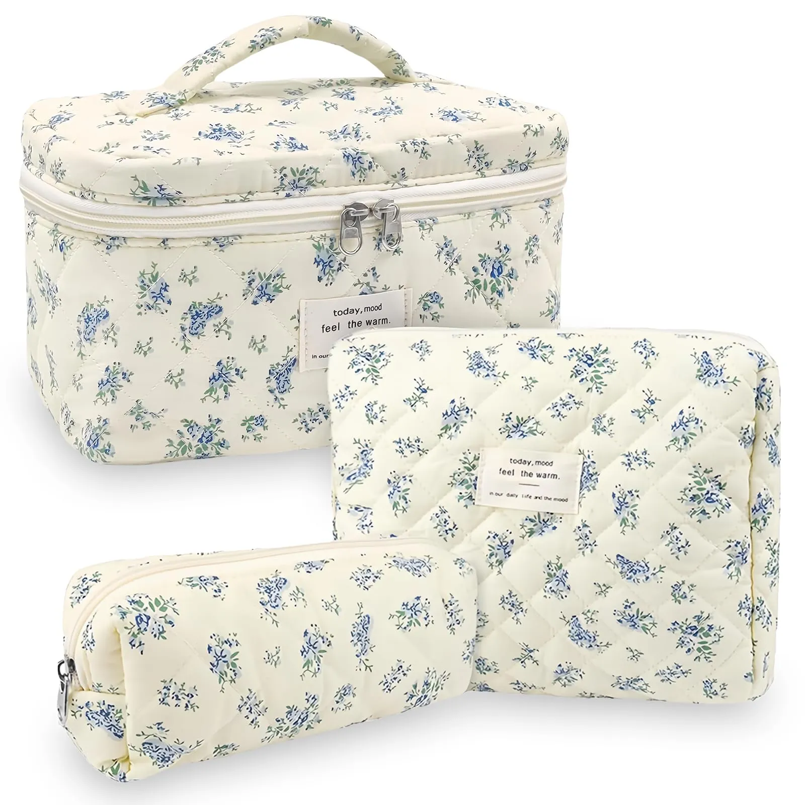 Aucuu Beauty Case, 3 Pezzi Floreale Trapuntato in Cotone, Borsa da Toilette e Organizer per Trucco da Viaggio - immagine 8