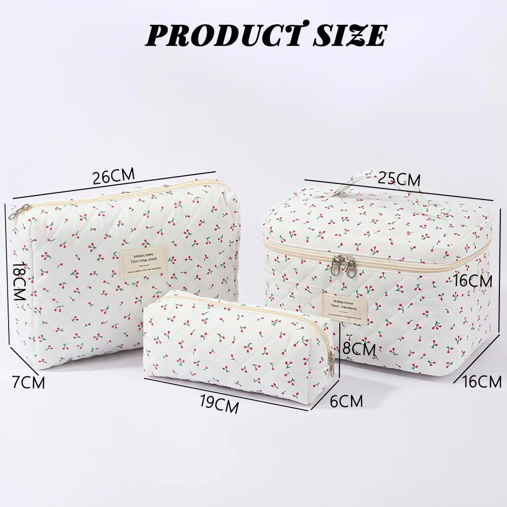 Aucuu Beauty Case, Set di 3 Borse da Toilette Trapuntate Floreali in Cotone - immagine 2