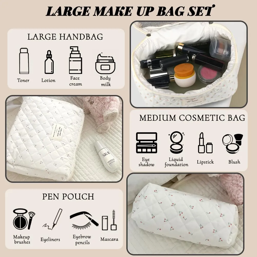 Aucuu Beauty Case, Set di 3 Borse da Toilette Trapuntate Floreali in Cotone - immagine 3