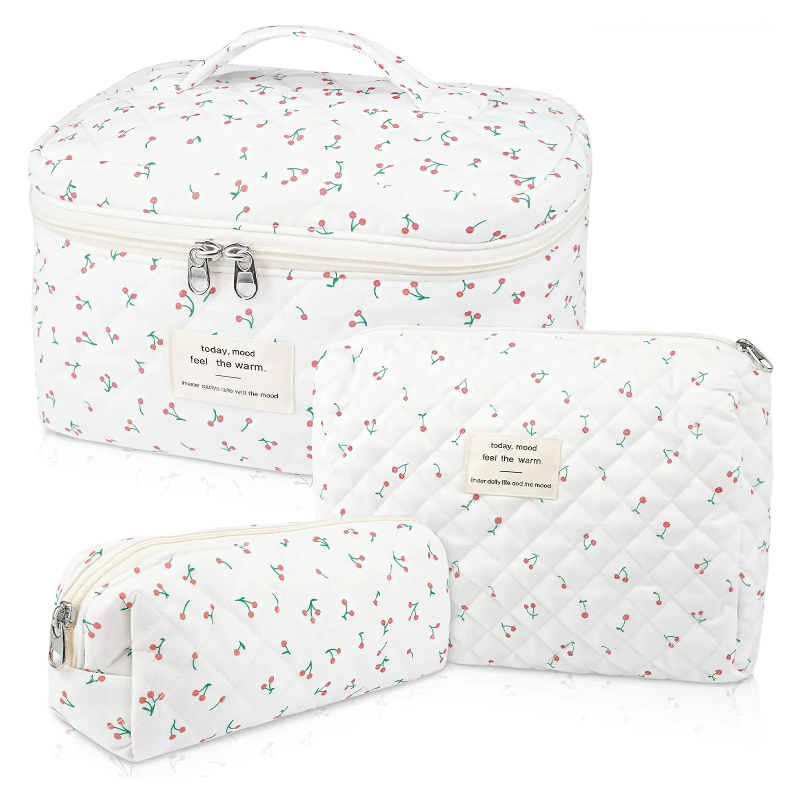 Aucuu Beauty Case, Set di 3 Borse da Toilette Trapuntate Floreali in Cotone - immagine 7