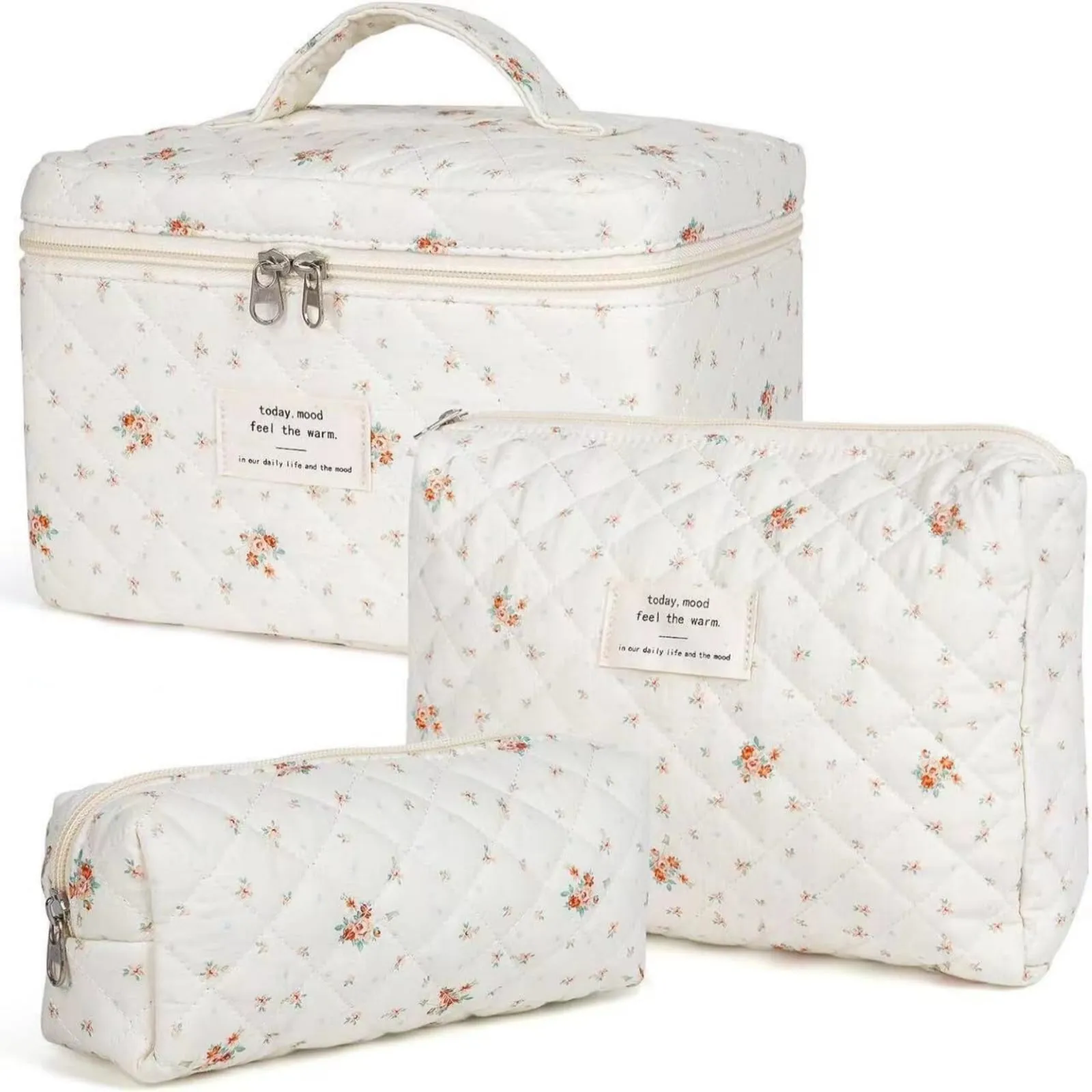 Aucuu Beauty Case, Set di 3 Borse da Toilette Trapuntate in Cotone Floreale, Makeup Bag Organizer da Viaggio - immagine 1