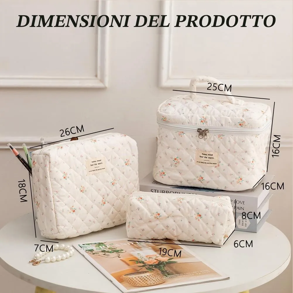 Aucuu Beauty Case, Set di 3 Borse da Toilette Trapuntate in Cotone Floreale, Makeup Bag Organizer da Viaggio - immagine 2