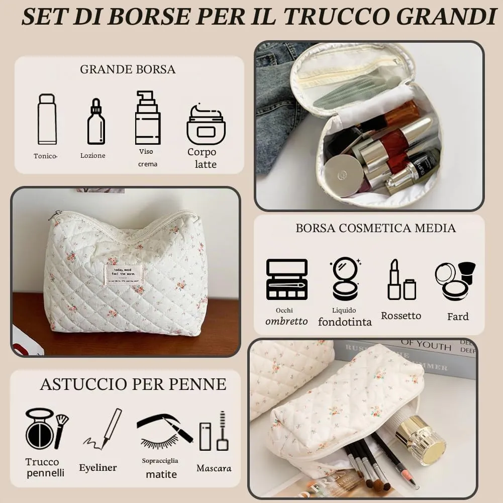 Aucuu Beauty Case, Set di 3 Borse da Toilette Trapuntate in Cotone Floreale, Makeup Bag Organizer da Viaggio - immagine 3