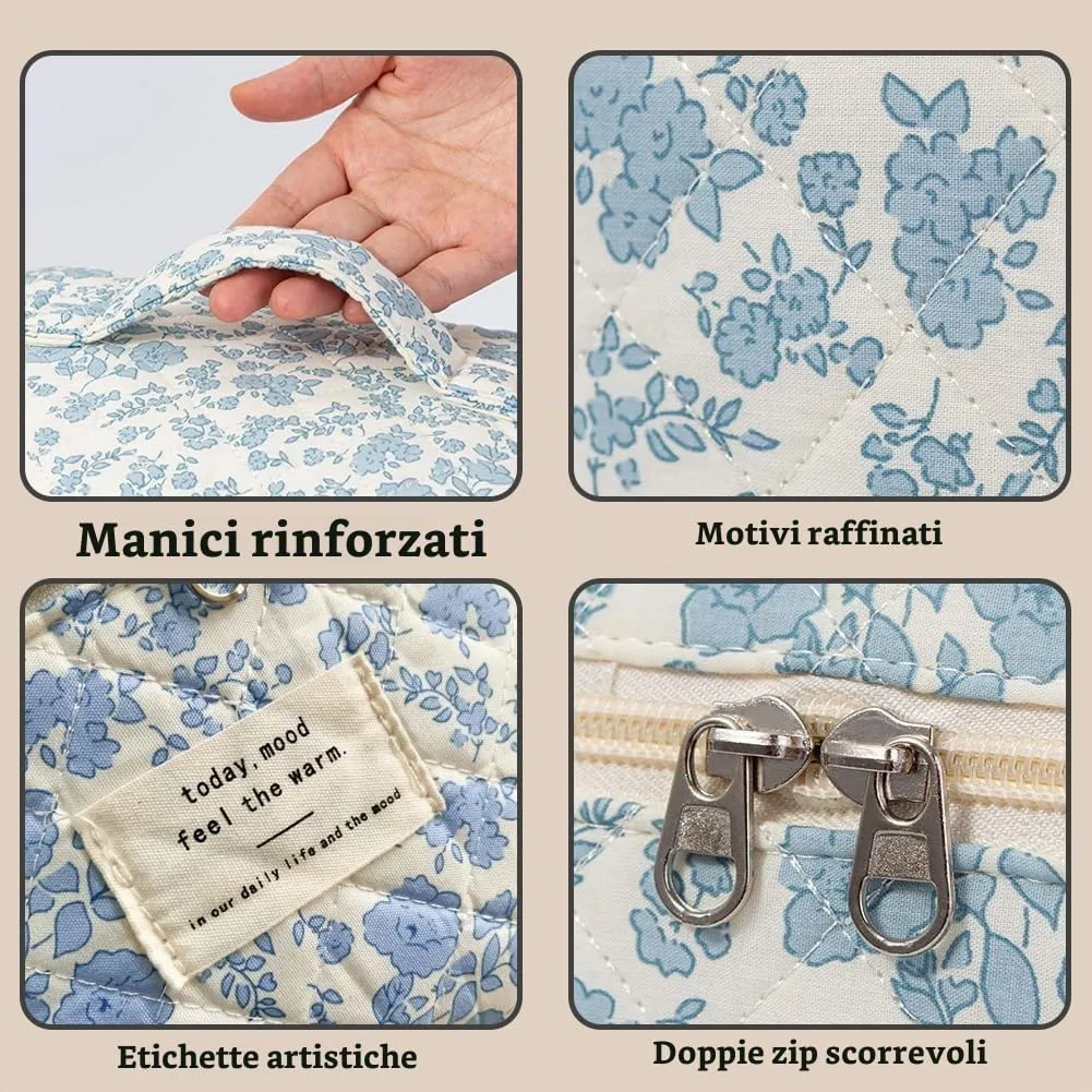 Aucuu Beauty Case, Set di 3 Borse da Toilette Trapuntate in Cotone Floreale, Makeup Bag Organizer da Viaggio - immagine 4