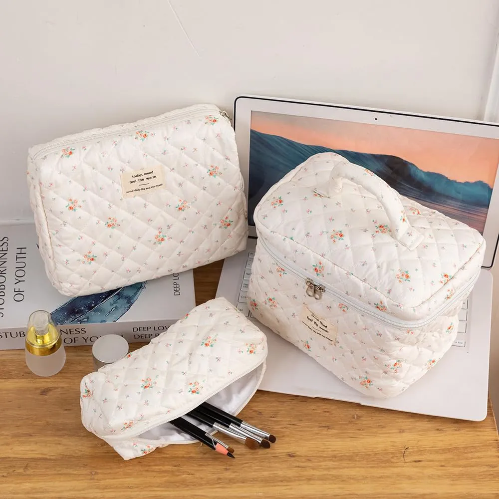 Aucuu Beauty Case, Set di 3 Borse da Toilette Trapuntate in Cotone Floreale, Makeup Bag Organizer da Viaggio - immagine 5
