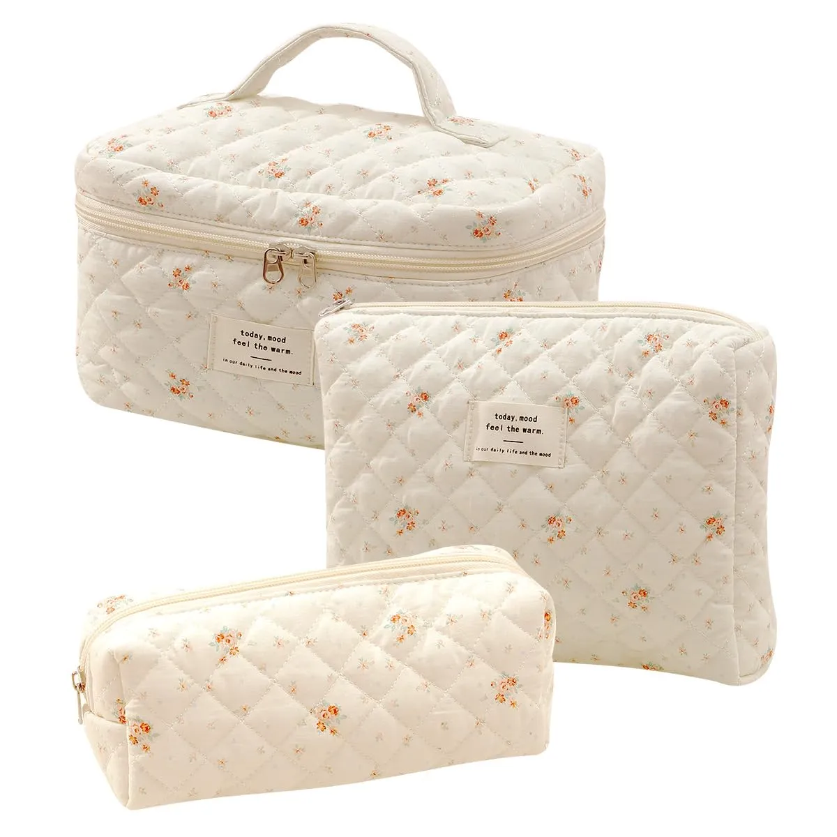 Aucuu Beauty Case, Set di 3 Borse da Toilette Trapuntate in Cotone Floreale, Makeup Bag Organizer da Viaggio - immagine 7