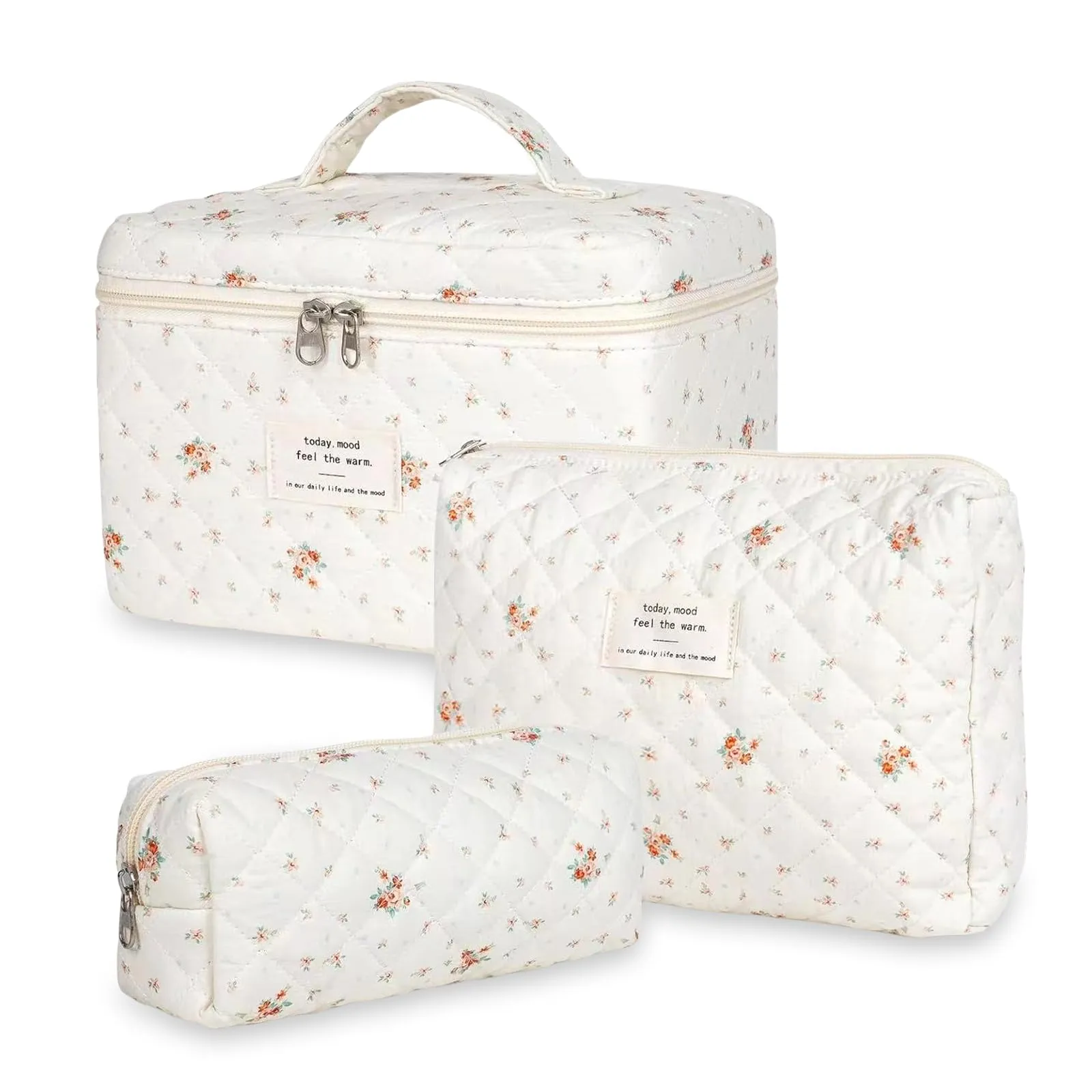Aucuu Beauty Case, Set di 3 Borse da Toilette Trapuntate in Cotone Floreale, Makeup Bag Organizer da Viaggio - immagine 8