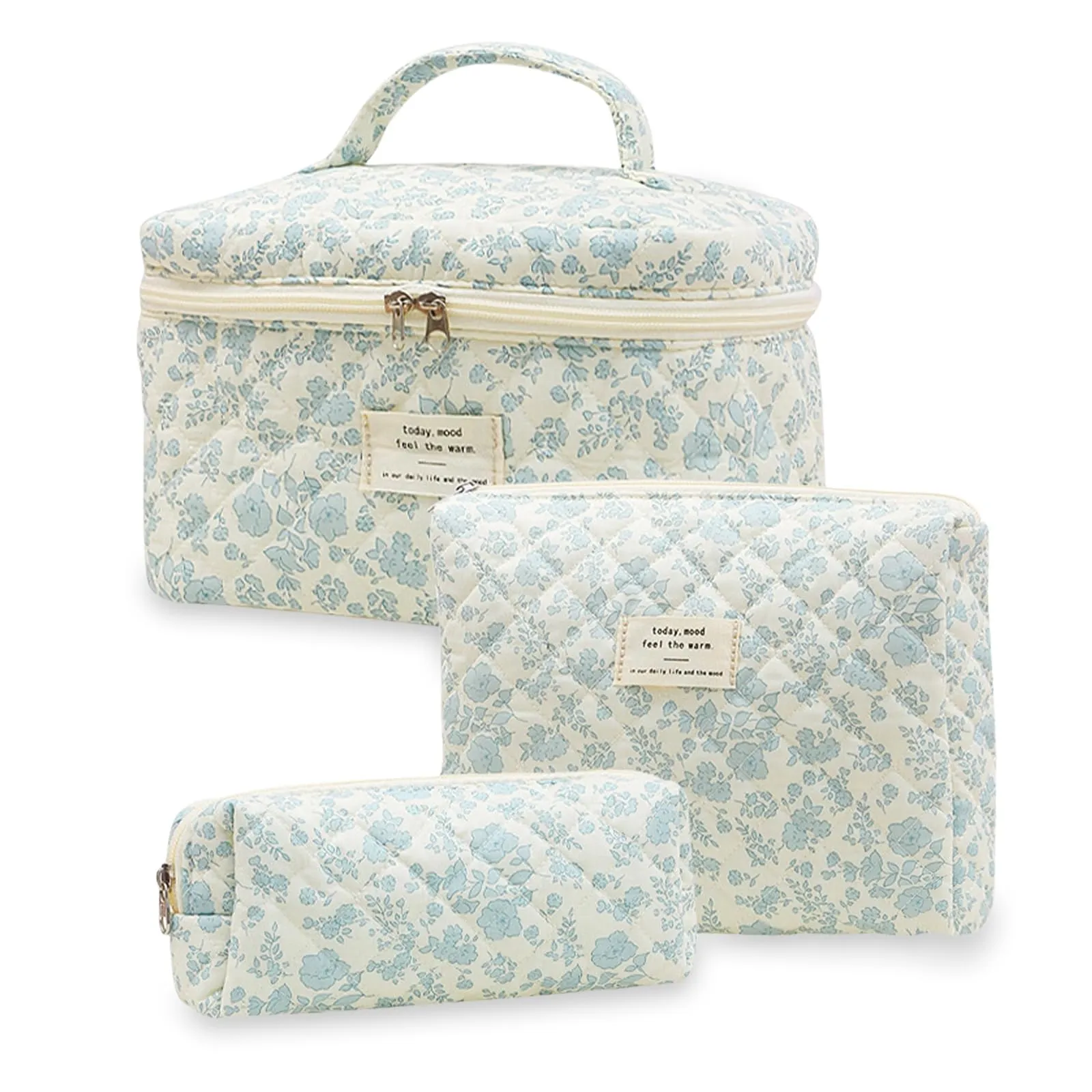Aucuu Beauty Case, Set di 3 Borse da Toilette Trapuntate in Cotone con Motivi Floreali - immagine 1