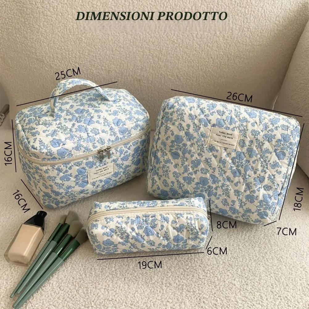 Aucuu Beauty Case, Set di 3 Borse da Toilette Trapuntate in Cotone con Motivi Floreali - immagine 2