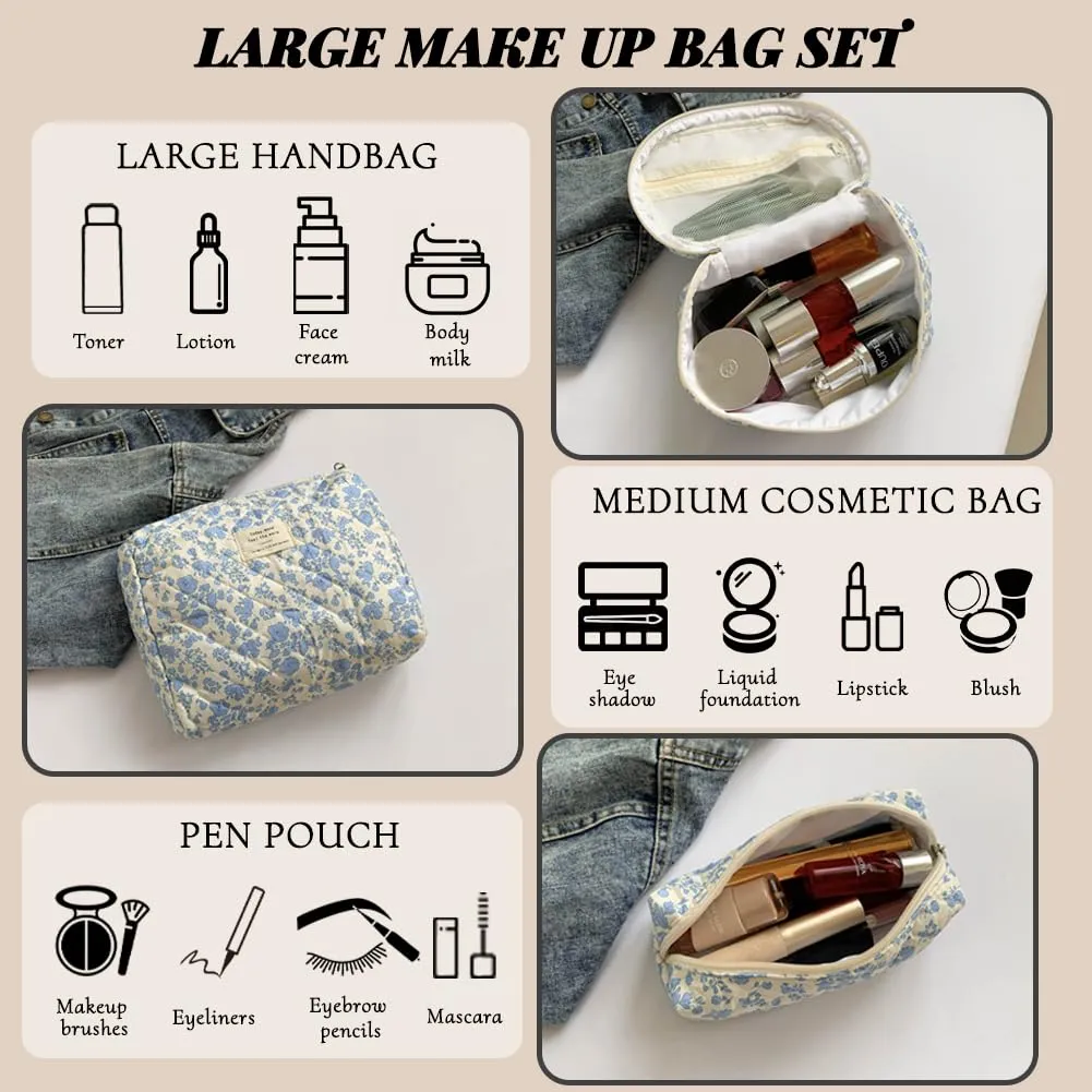 Aucuu Beauty Case, Set di 3 Borse da Toilette Trapuntate in Cotone con Motivi Floreali - immagine 3