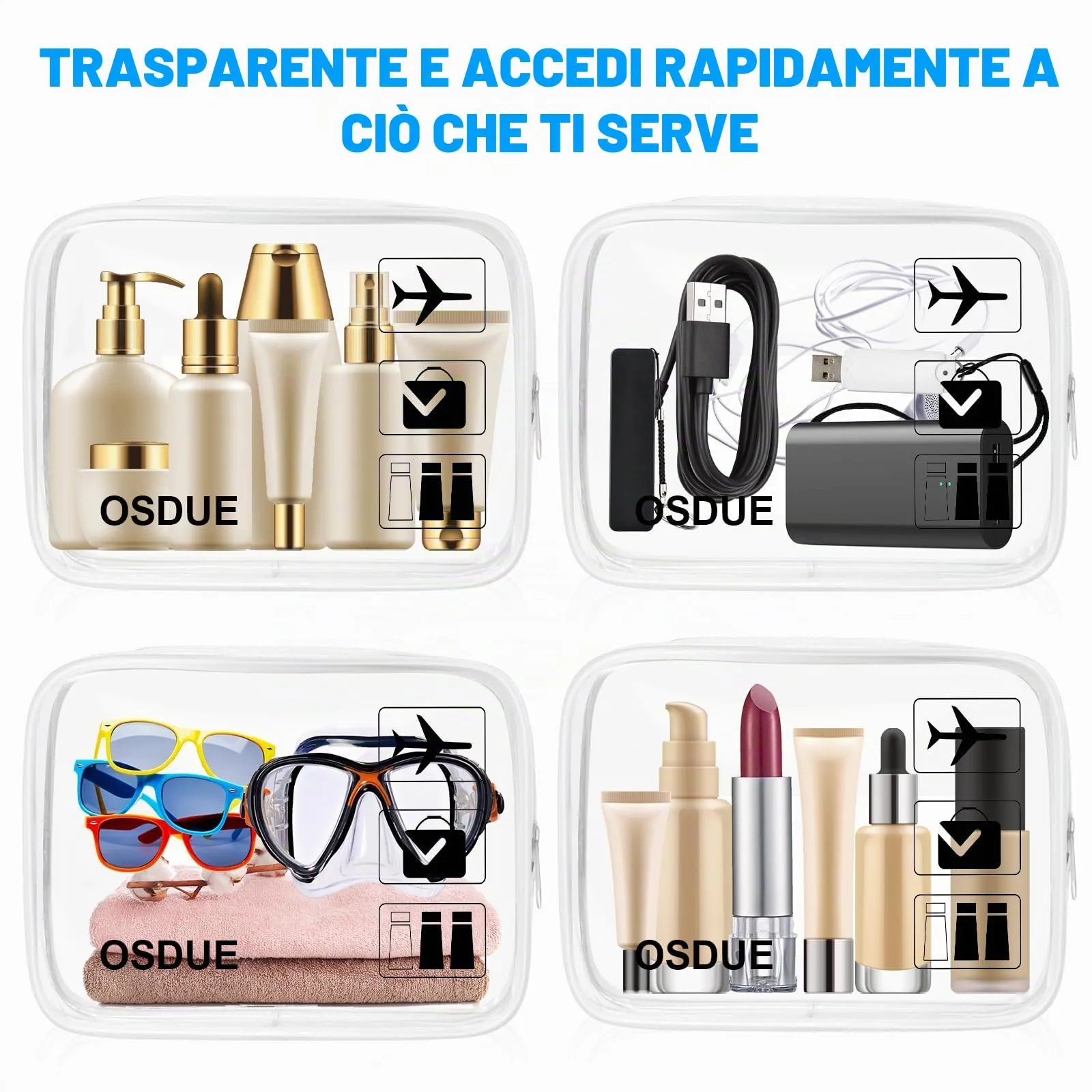 OSDUE Kit Viaggio Liquidi, 2 Pezzi Borse Trasparenti Impermeabili per Cosmetici e Beauty Case, Conformi TSA - immagine 5