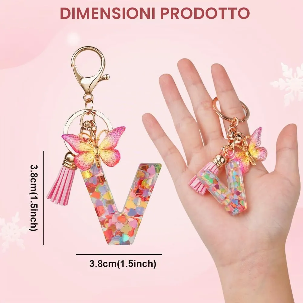 OSDUE Portachiavi Donna con Lettera V, Farfalla e Nappa Rosa - immagine 2