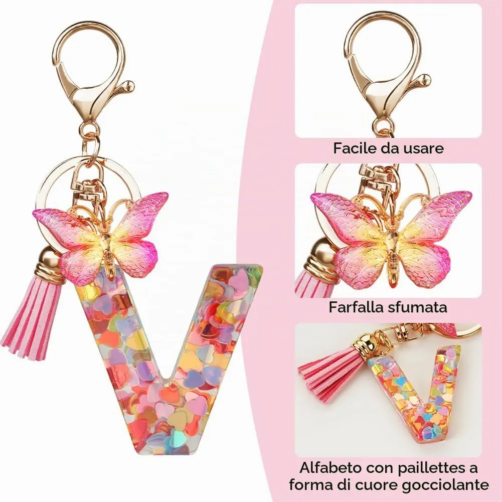 OSDUE Portachiavi Donna con Lettera V, Farfalla e Nappa Rosa - immagine 4