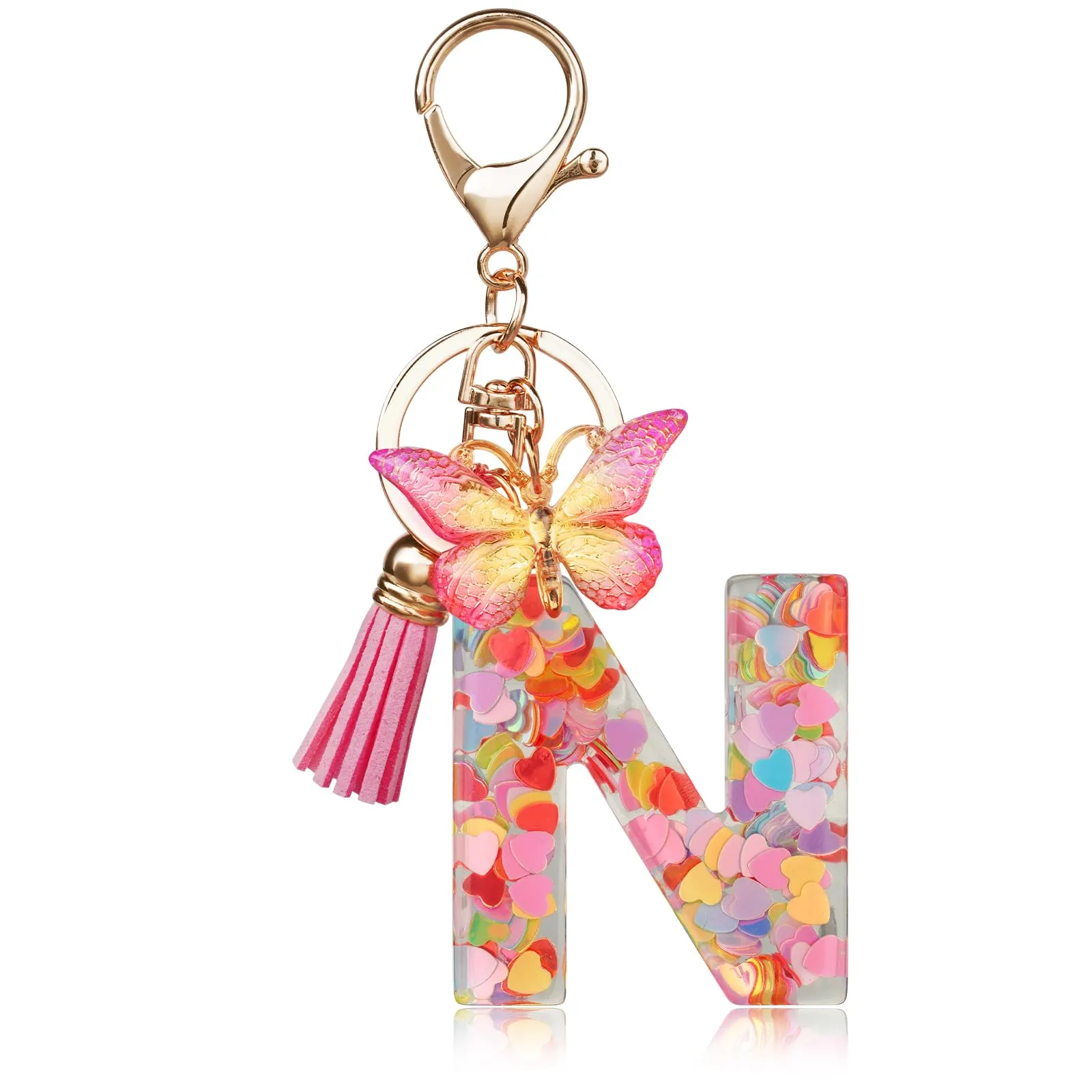 OSDUE Portachiavi Donna con Lettera N, Farfalla e Nappa Rosa - immagine 1