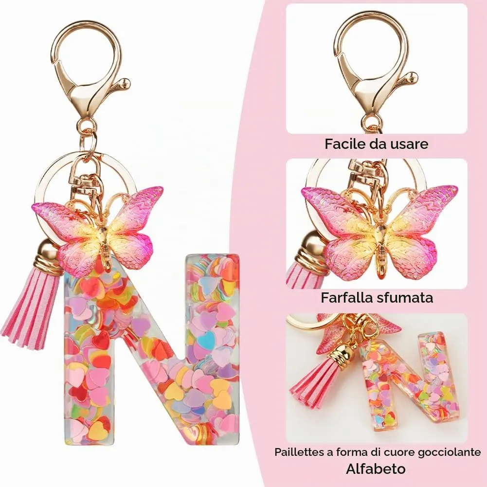 OSDUE Portachiavi Donna con Lettera N, Farfalla e Nappa Rosa - immagine 4
