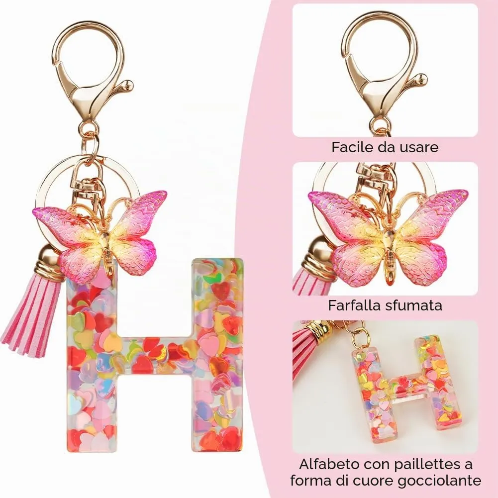OSDUE Portachiavi Donna con Lettera H, Farfalla e Nappa Rosa - immagine 4