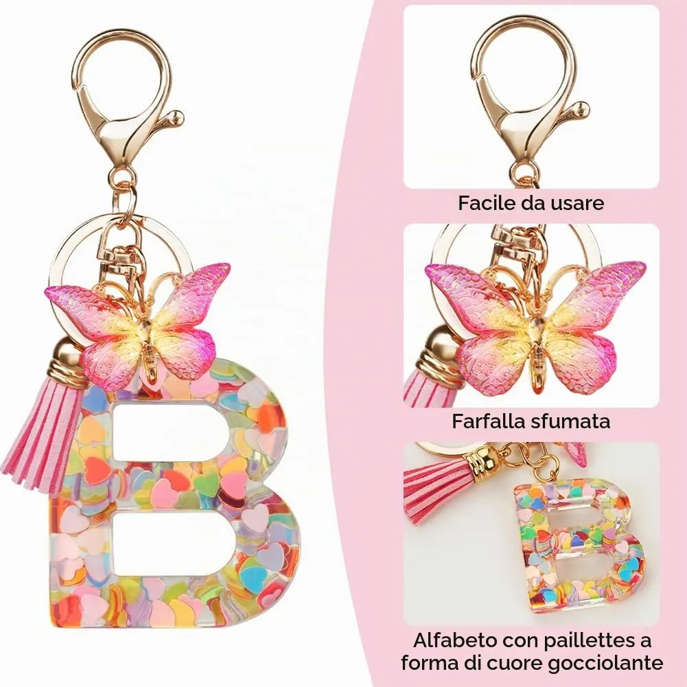 OSDUE Portachiavi Donna con Lettera B, Farfalla e Nappa Rosa - immagine 4