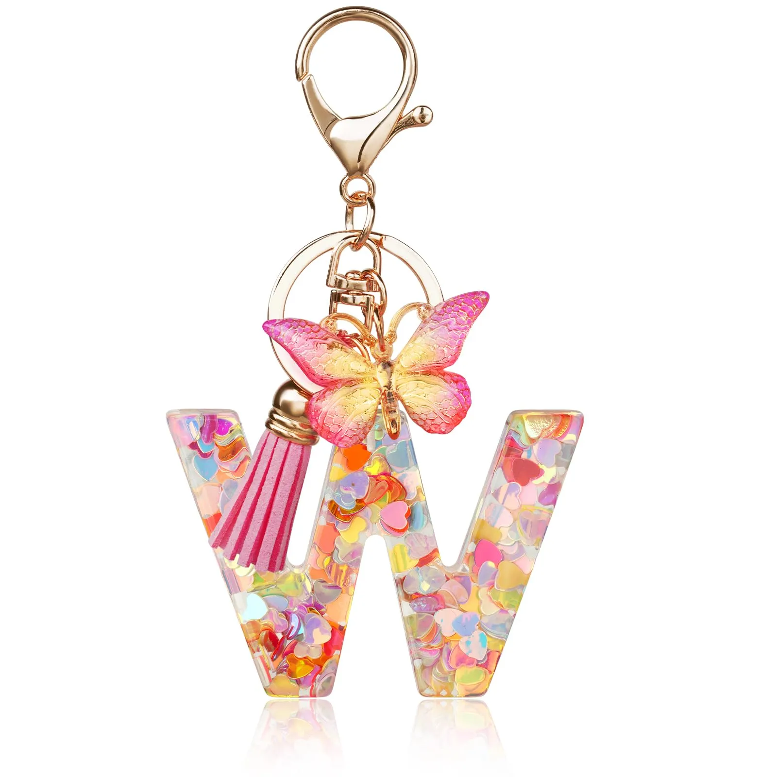 OSDUE Portachiavi Donna con Lettera W, Farfalla e Nappa, Rosa - immagine 1
