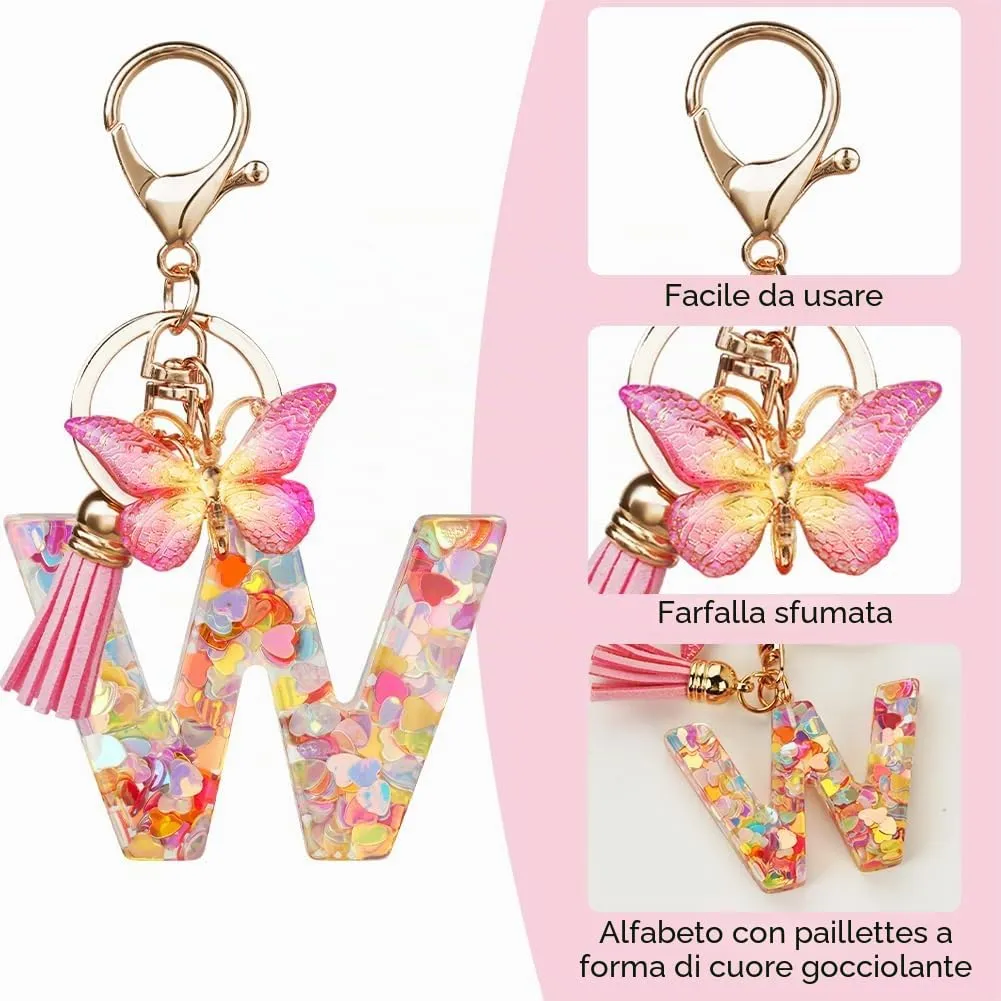 OSDUE Portachiavi Donna con Lettera W, Farfalla e Nappa, Rosa - immagine 4