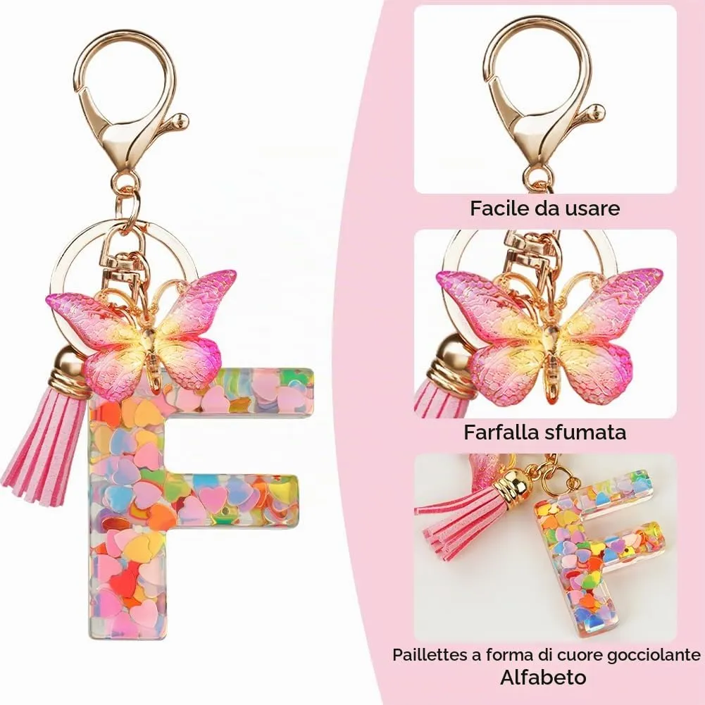 OSDUE Portachiavi Donna con Lettera F, Farfalla e Nappa Rosa - immagine 4
