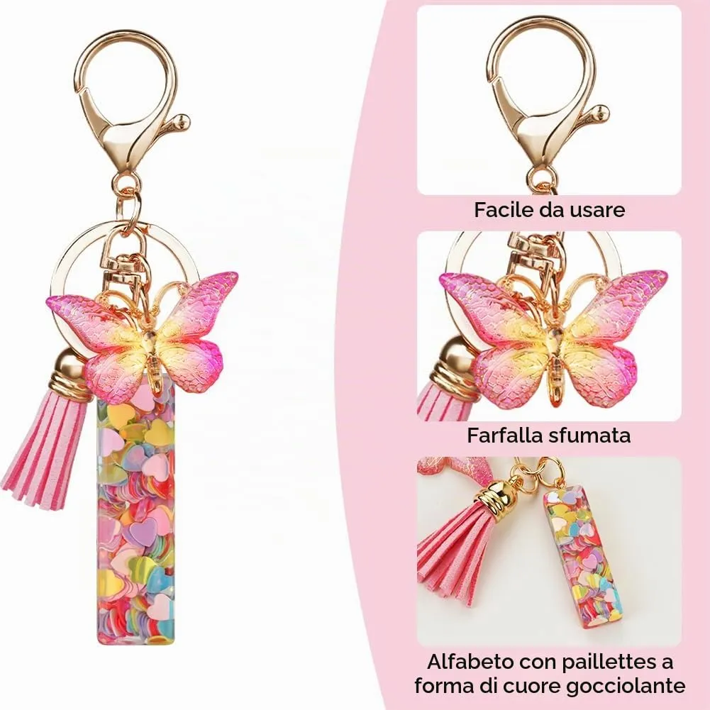 OSDUE Portachiavi Donna con Lettera I, Farfalla e Nappa Rosa - immagine 4