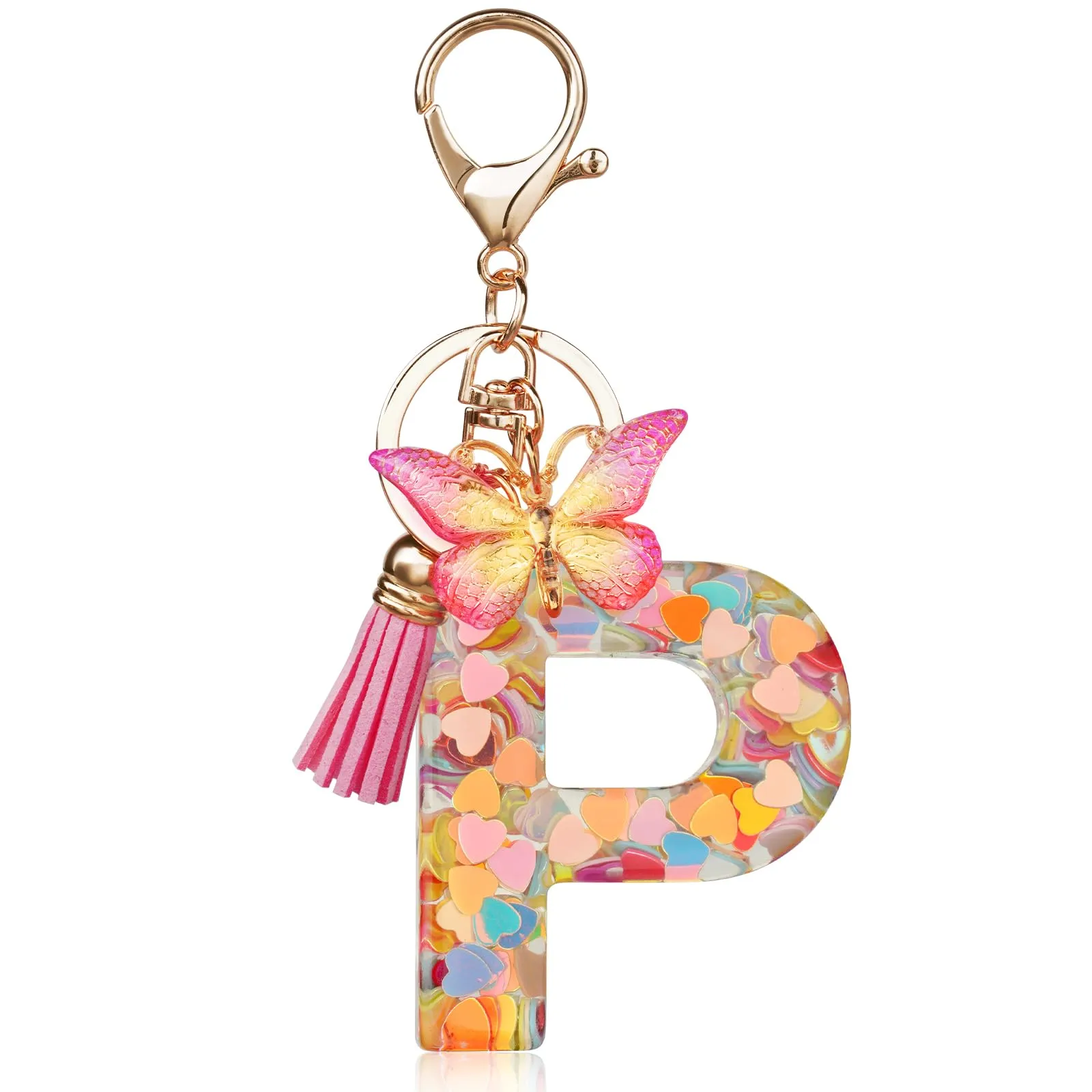 OSDUE Portachiavi Donna con Lettera P, Farfalla e Nappa Rosa - immagine 1